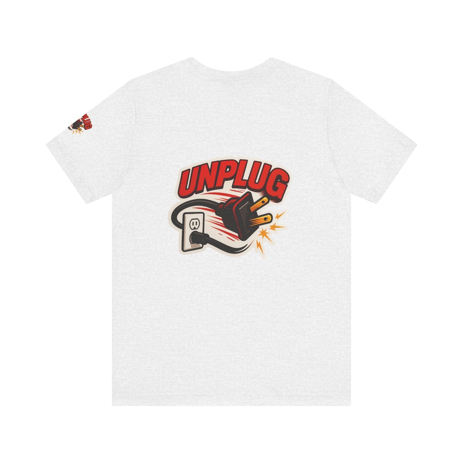 White Unplugged Vibes T-shirt with bold unplugging plug graphic and red text on back, casual unisex short sleeve shirt