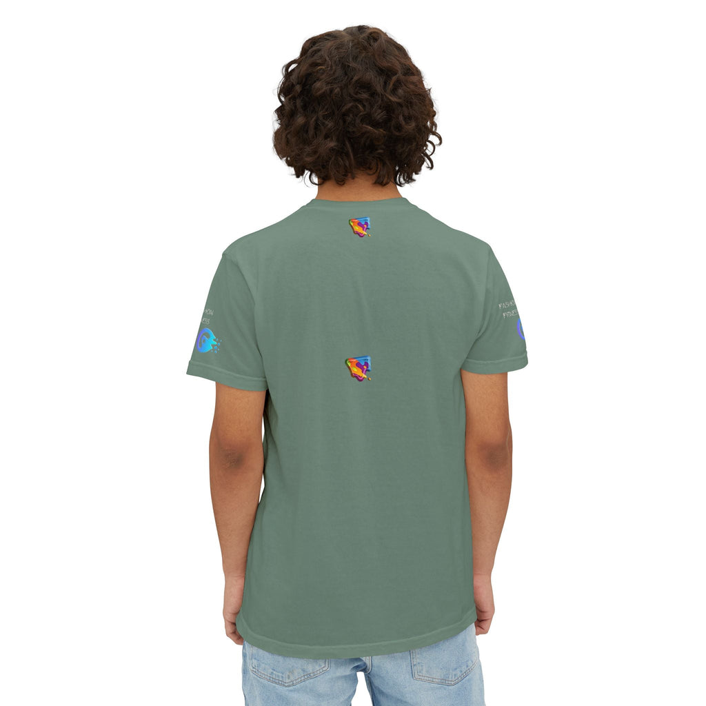 Unisex Garment-Dyed Pocket T-Shirt in green with back view, featuring vibrant, eco-friendly graphics and relaxed fit.
