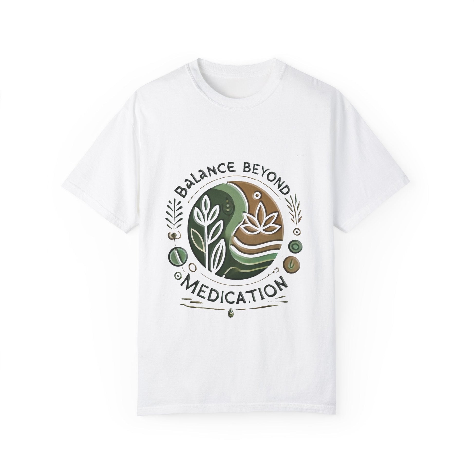 Balance Beyond Medication Unisex Garment-Dyed T-Shirt in white featuring graphic design, relaxed fit, and soft texture.