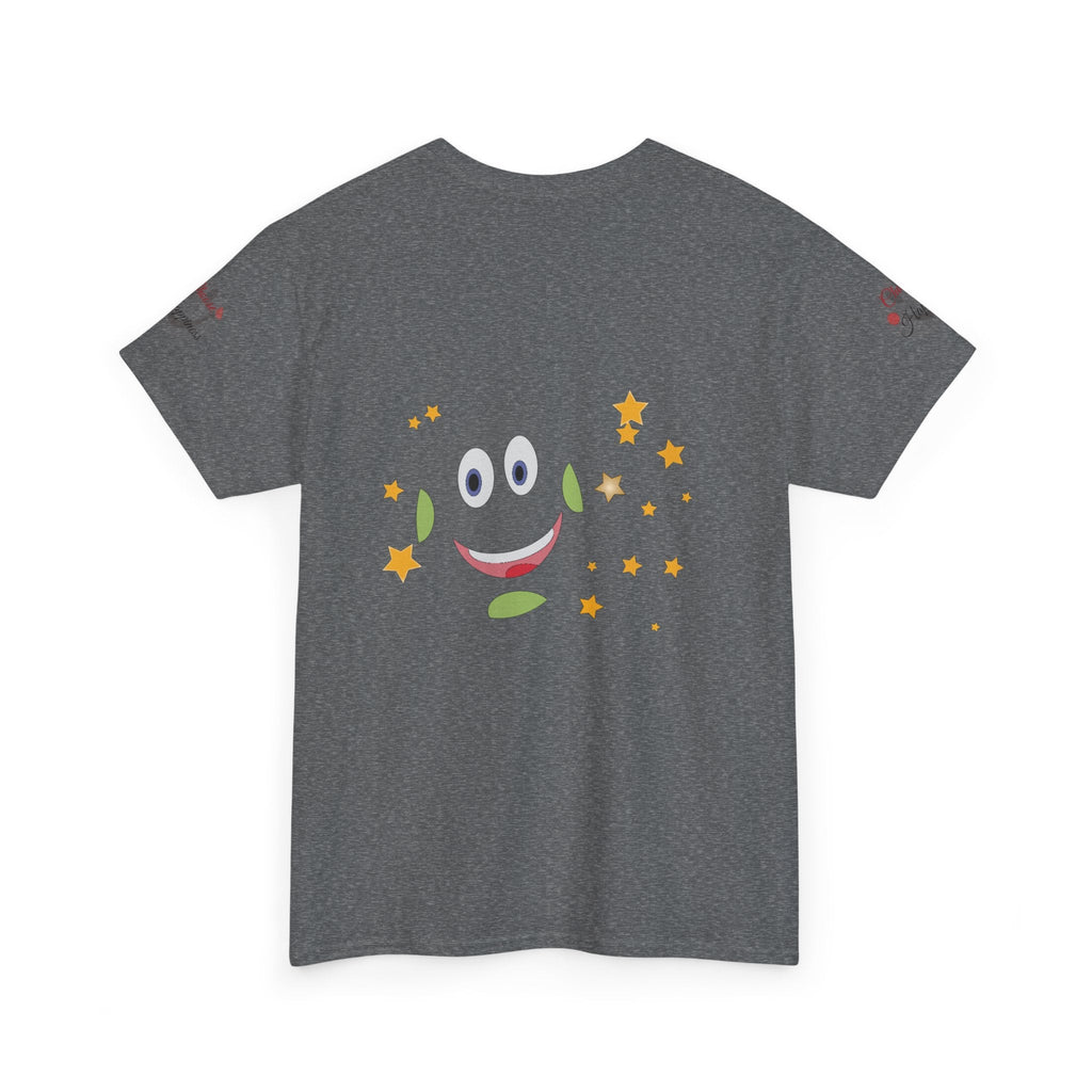 Unisex Heavy Cotton T-shirt with positivity design featuring smiley face and stars.