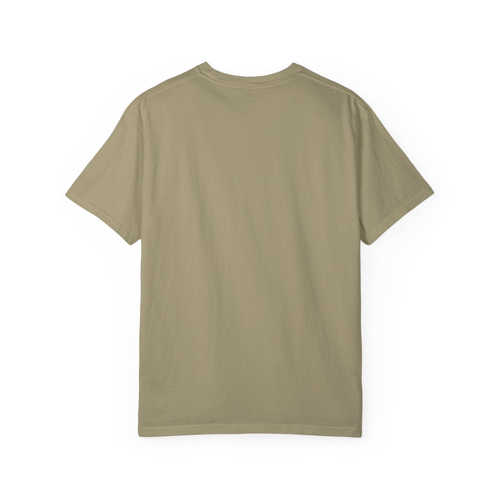 Unisex Garment-Dyed T-Shirt in olive color, featuring soft texture and durable stitching.