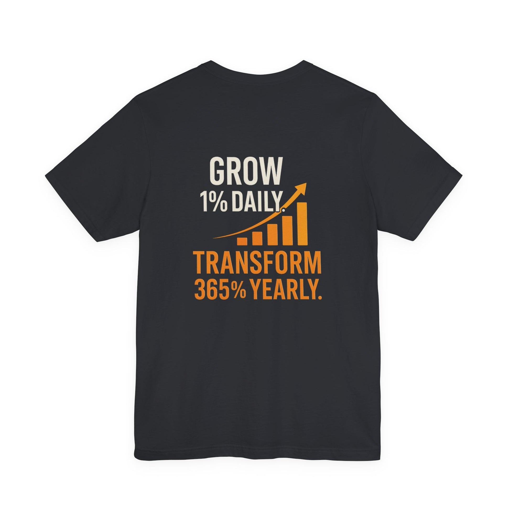 Black unisex motivational growth t-shirt with "Grow 1% Daily, Transform 365% Yearly" graphic and upward arrow chart design.