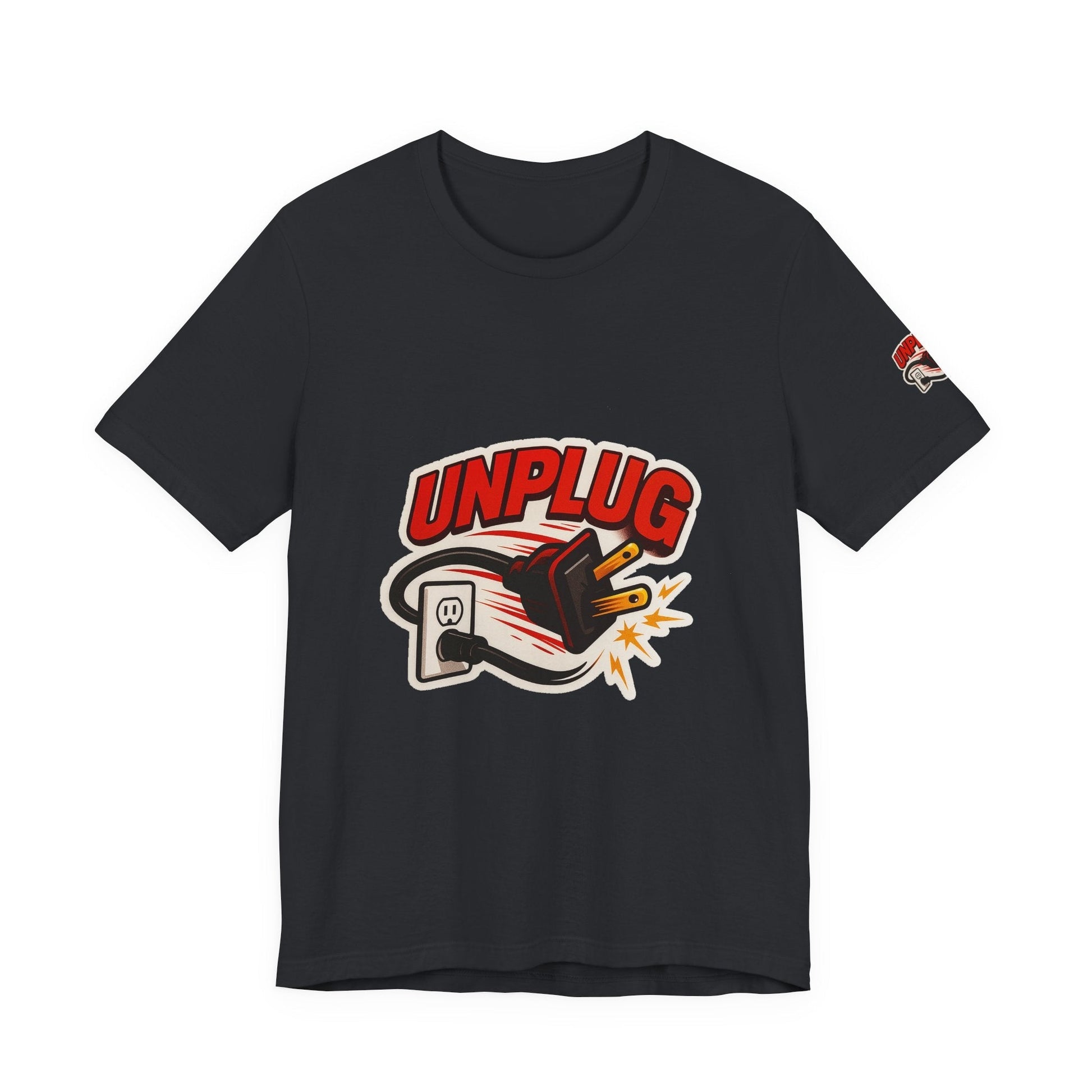 Black Unplugged Vibes T-shirt with bold unplugged graphic and casual short sleeve design