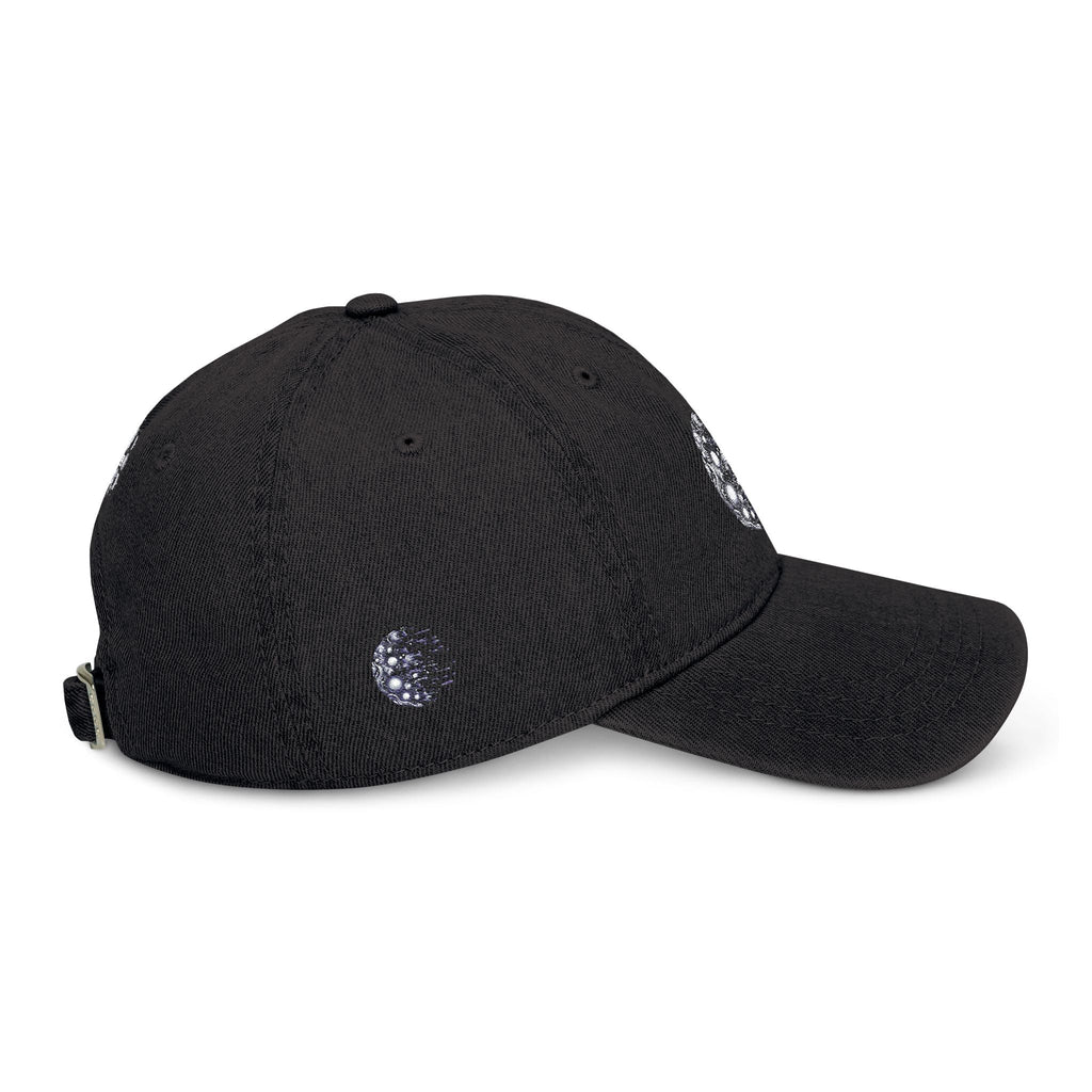 Cosmic Embroidered Denim Hat with adjustable strap, black color, space-inspired design.