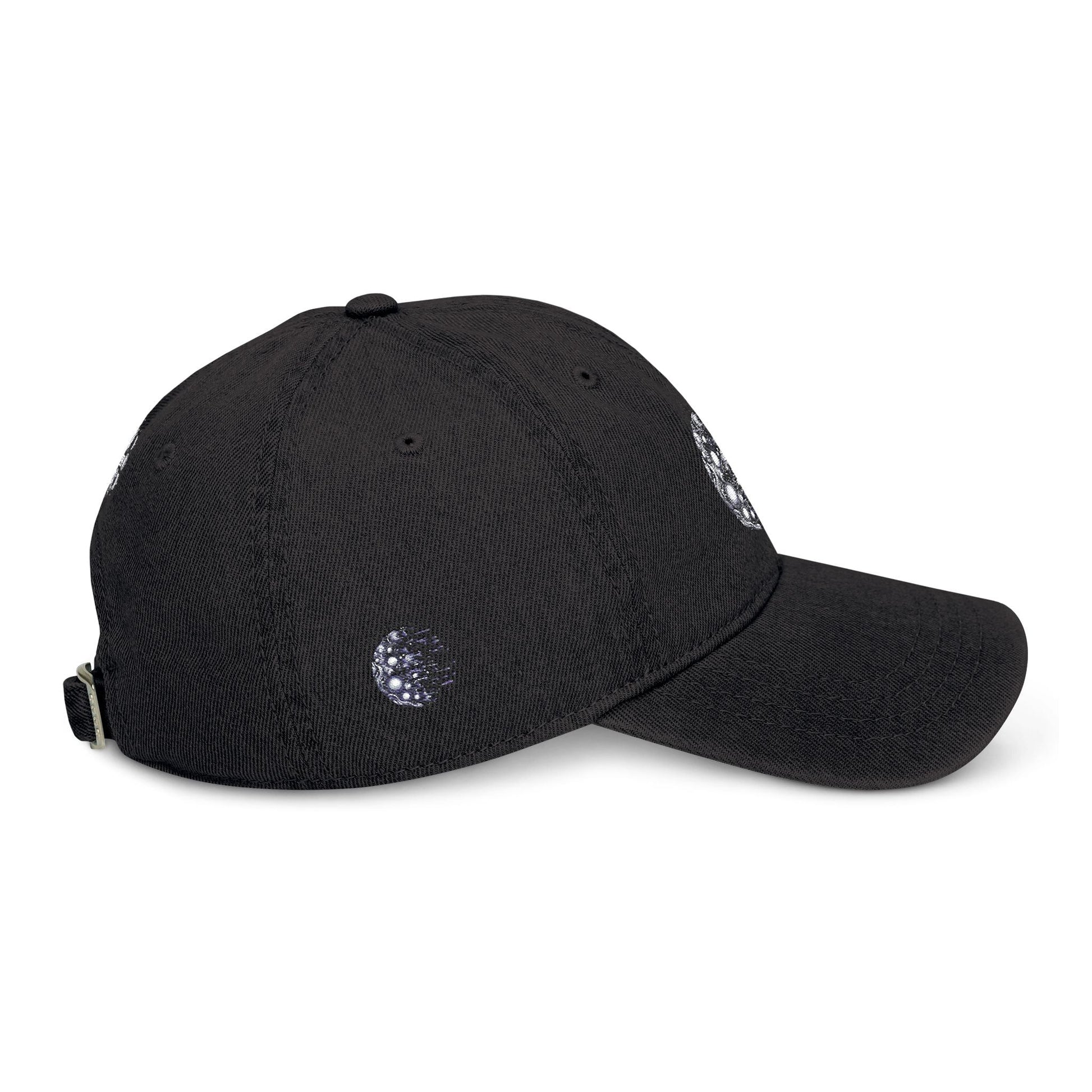 Cosmic Embroidered Denim Hat with adjustable strap, black color, space-inspired design.