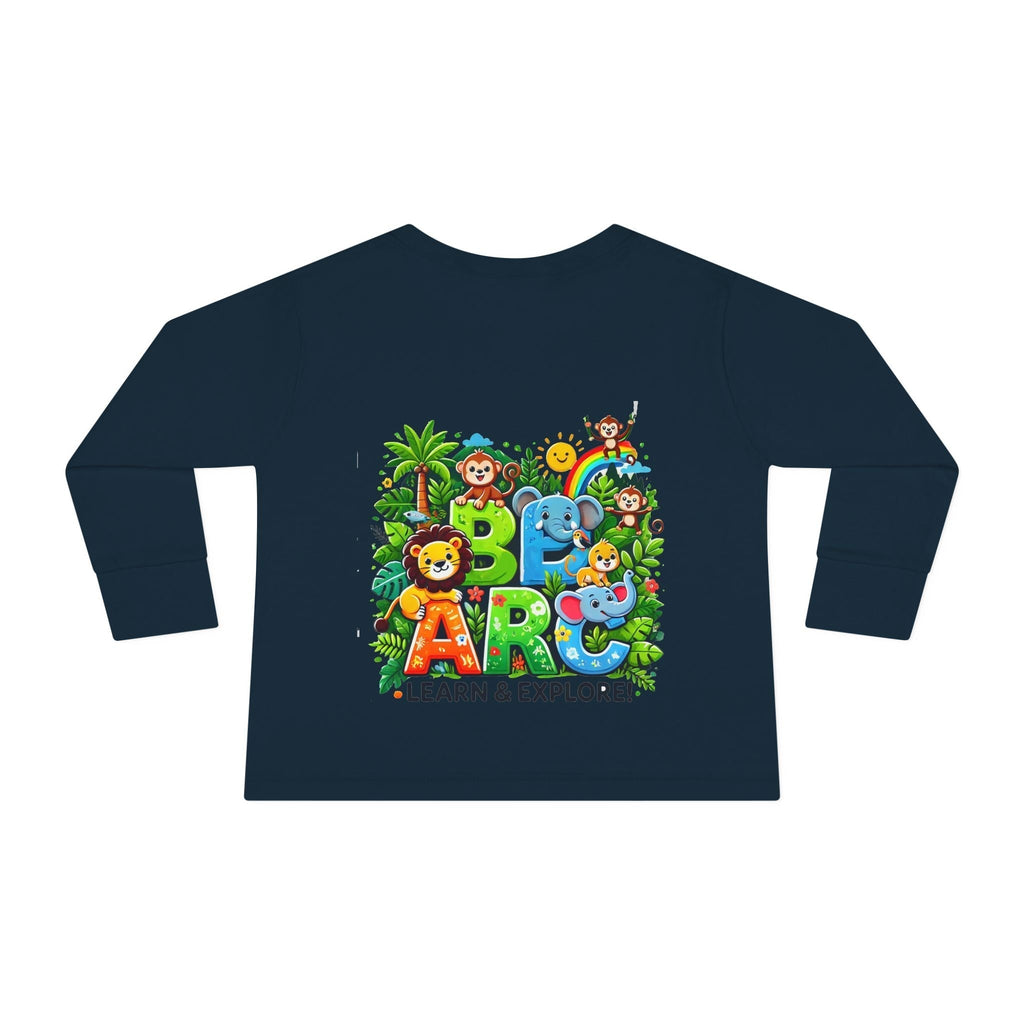 NavyToddler Long Sleeve T-shirt - Learn and Explorewith colorful jungle-themed design featuring animals and the phrase "Learn and Explore".