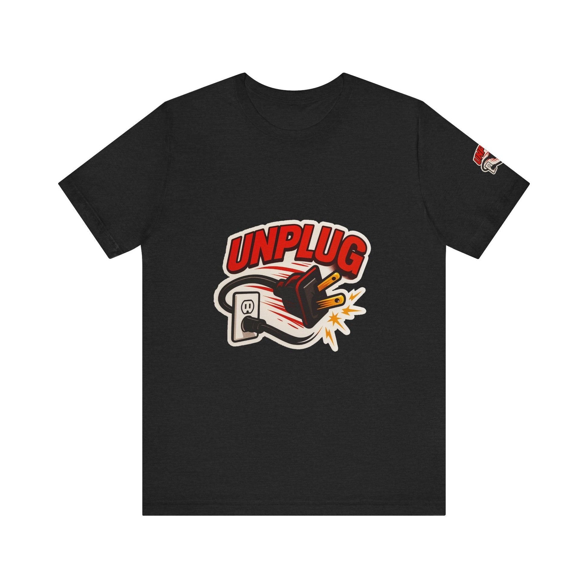 Black Unplugged Vibes T-shirt with graphic of unplugged power cord and bold red text, casual unisex short sleeve shirt