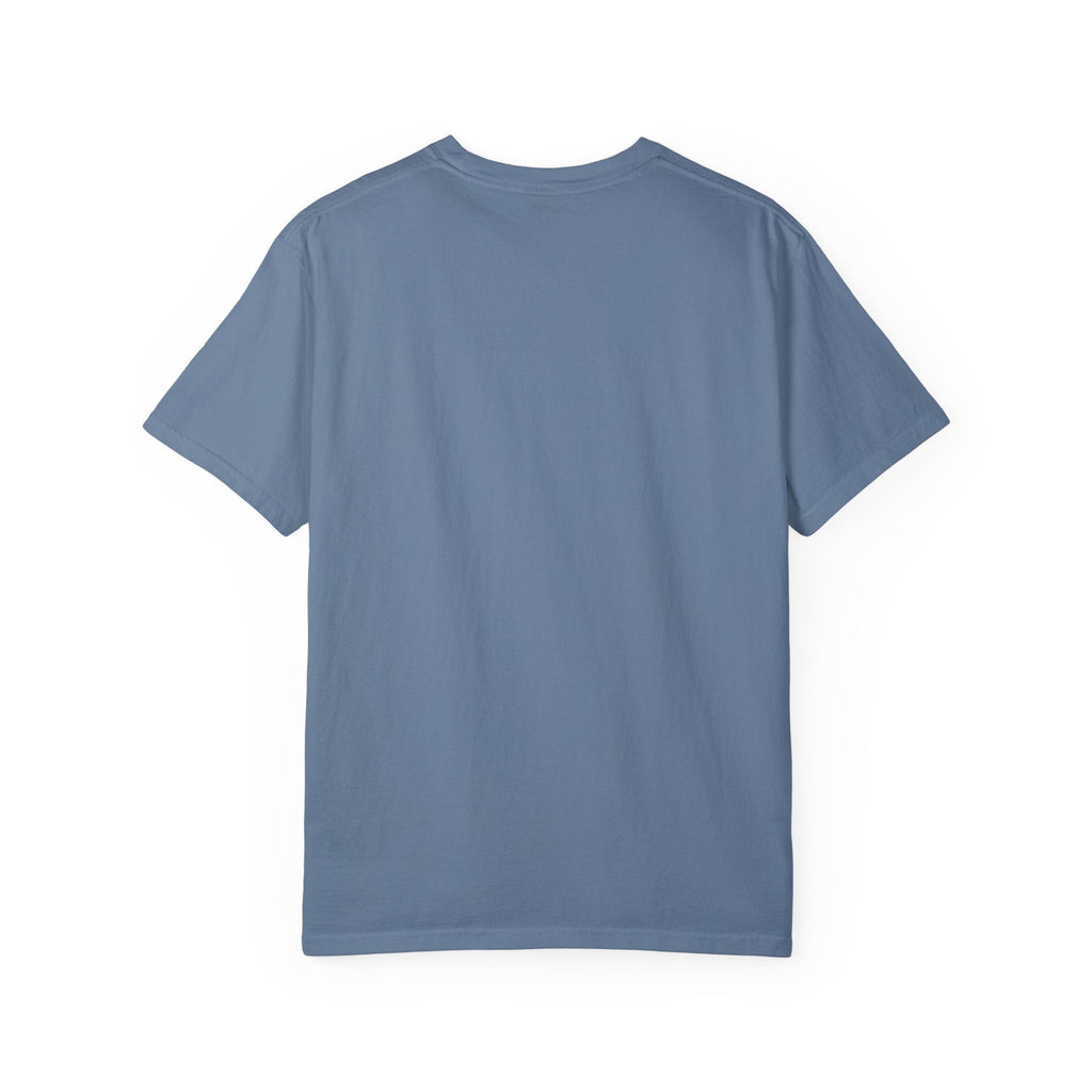 Unisex Garment-Dyed T-Shirt This Too Will Pass Inspirational Tee in blue, back view.