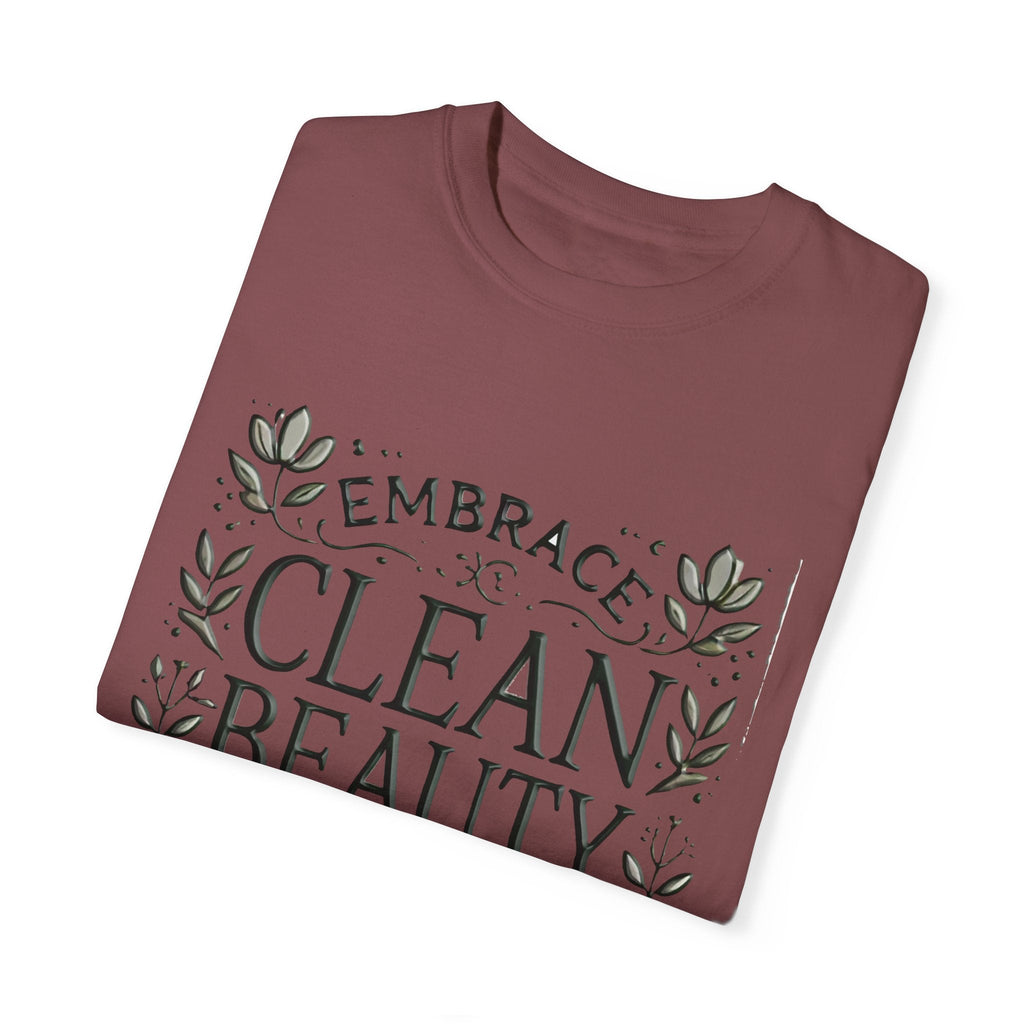 Clean Beauty Unisex T-Shirt - Organic Natural Cosmetic Living Tee folded with "Embrace Clean Beauty" print.