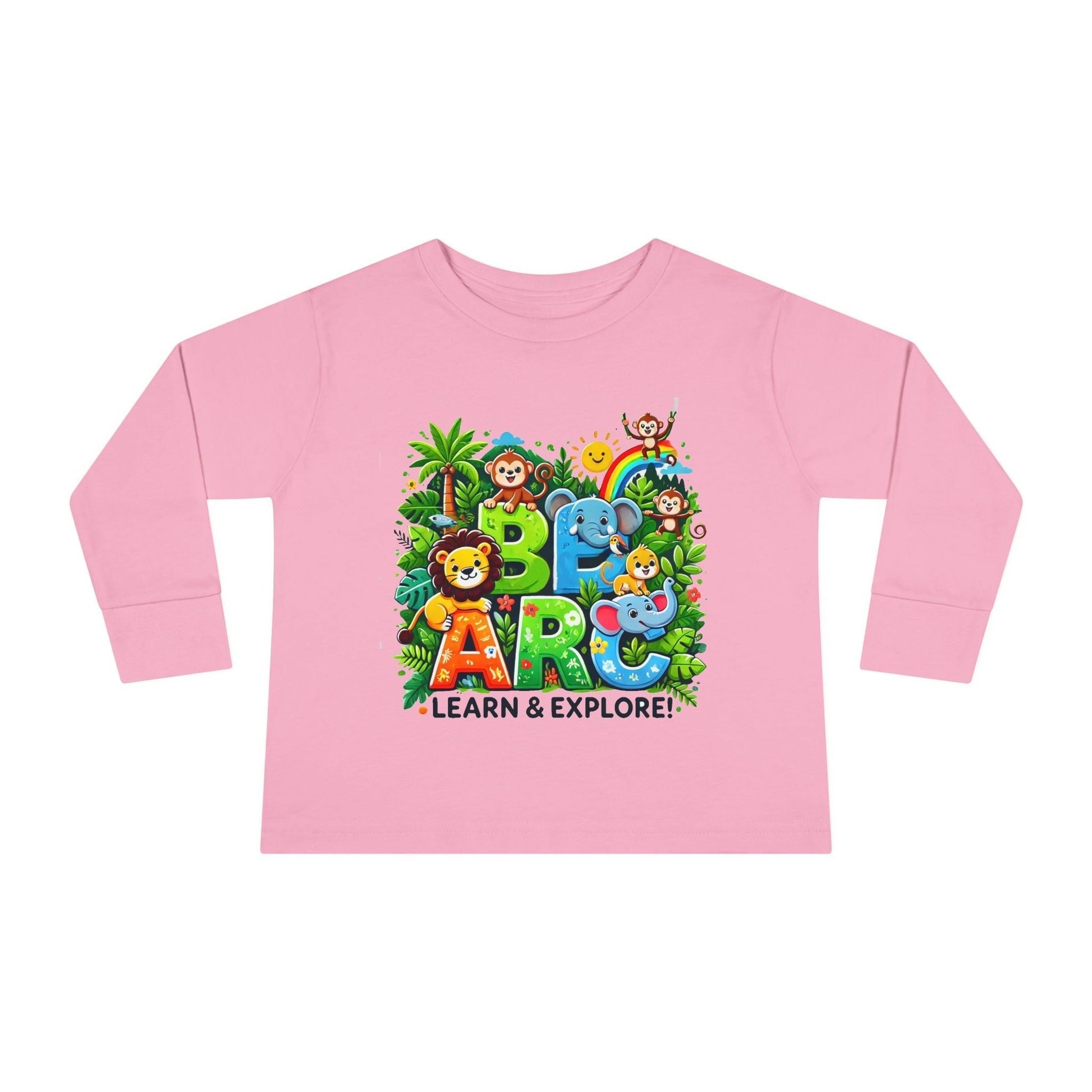 Pink Toddler Long Sleeve T-shirt - Learn and Explore with colorful animal design and "Learn & Explore" slogan.