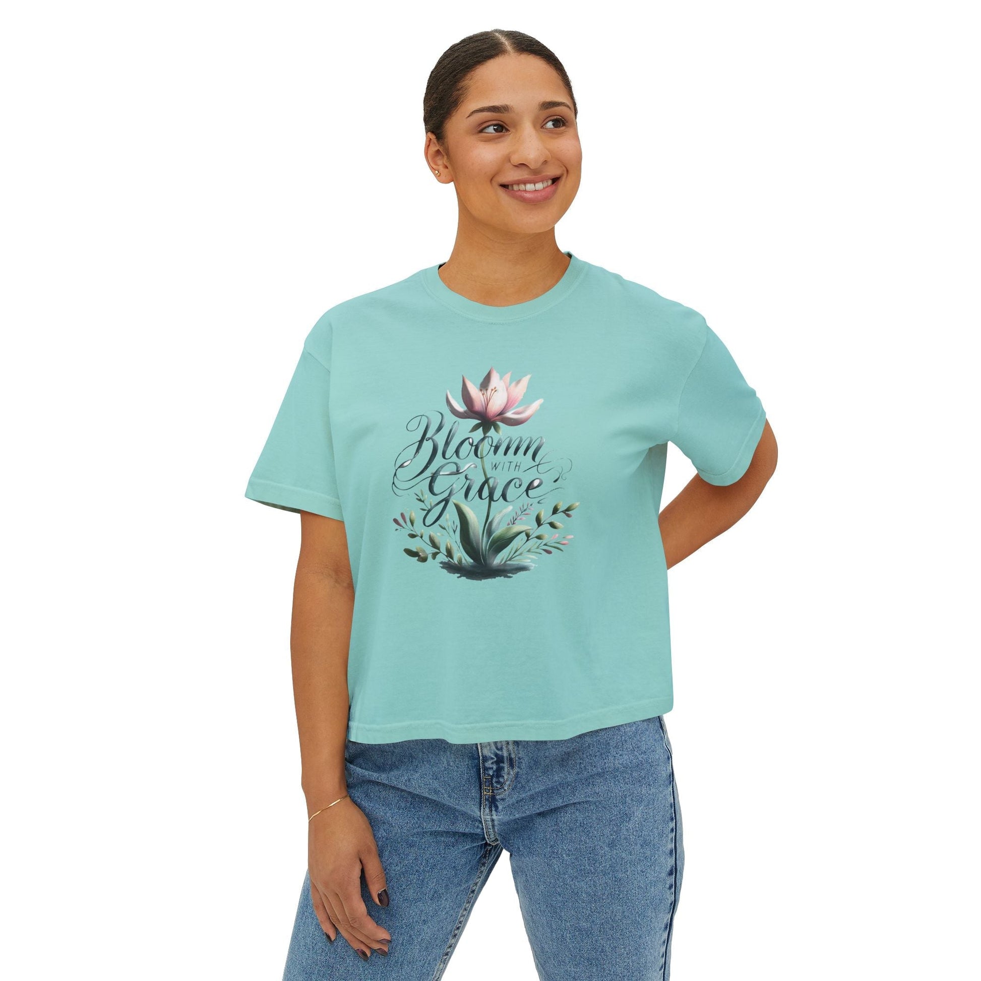 Womens Boxy T-shirt with floral design in vintage-inspired colors, promoting comfort and style.
