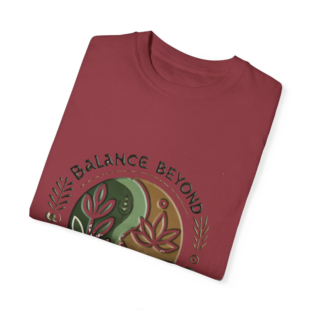 Balance Beyond Medication Unisex Garment-Dyed T-Shirt, folded, red color with printed design.