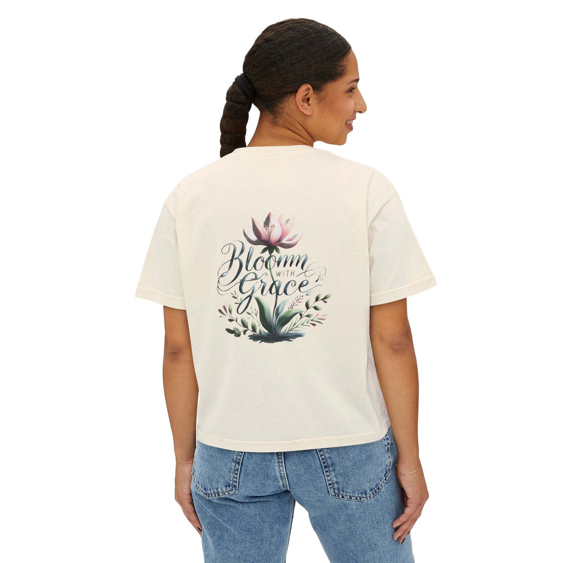 Womens Boxy T-shirt - Bloom with Grace floral design, casual summer top.
