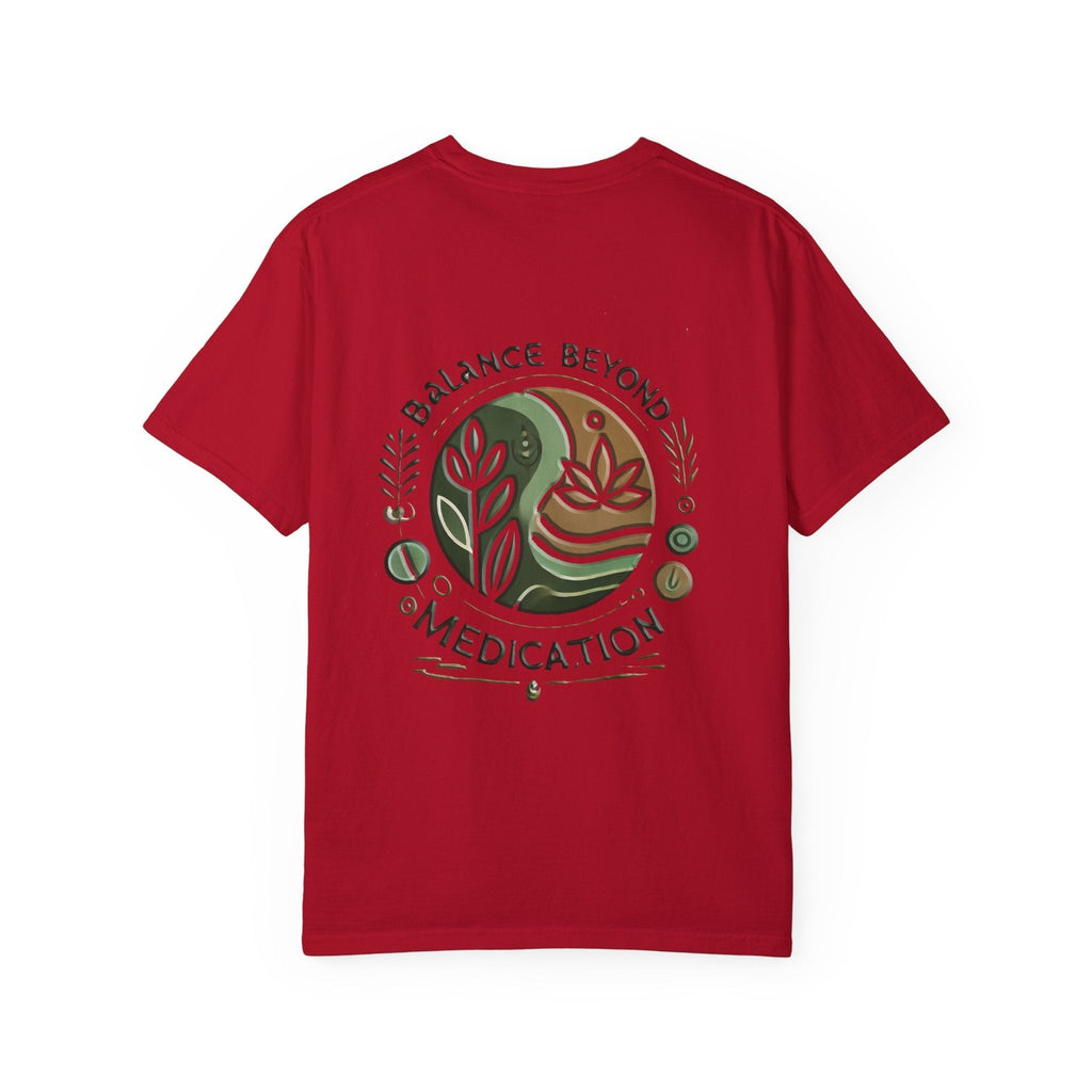 Red Balance Beyond Medication Unisex Garment-Dyed T-Shirt with printed design, perfect for casual wear and sustainable fashion.