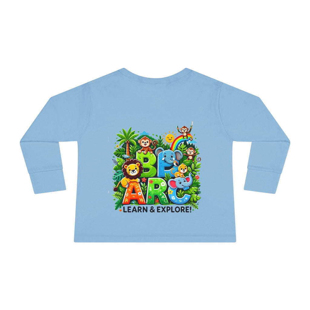 Toddler Long Sleeve T-shirt - Learn and Explorewith colorful "Learn and Explore" design featuring animals.