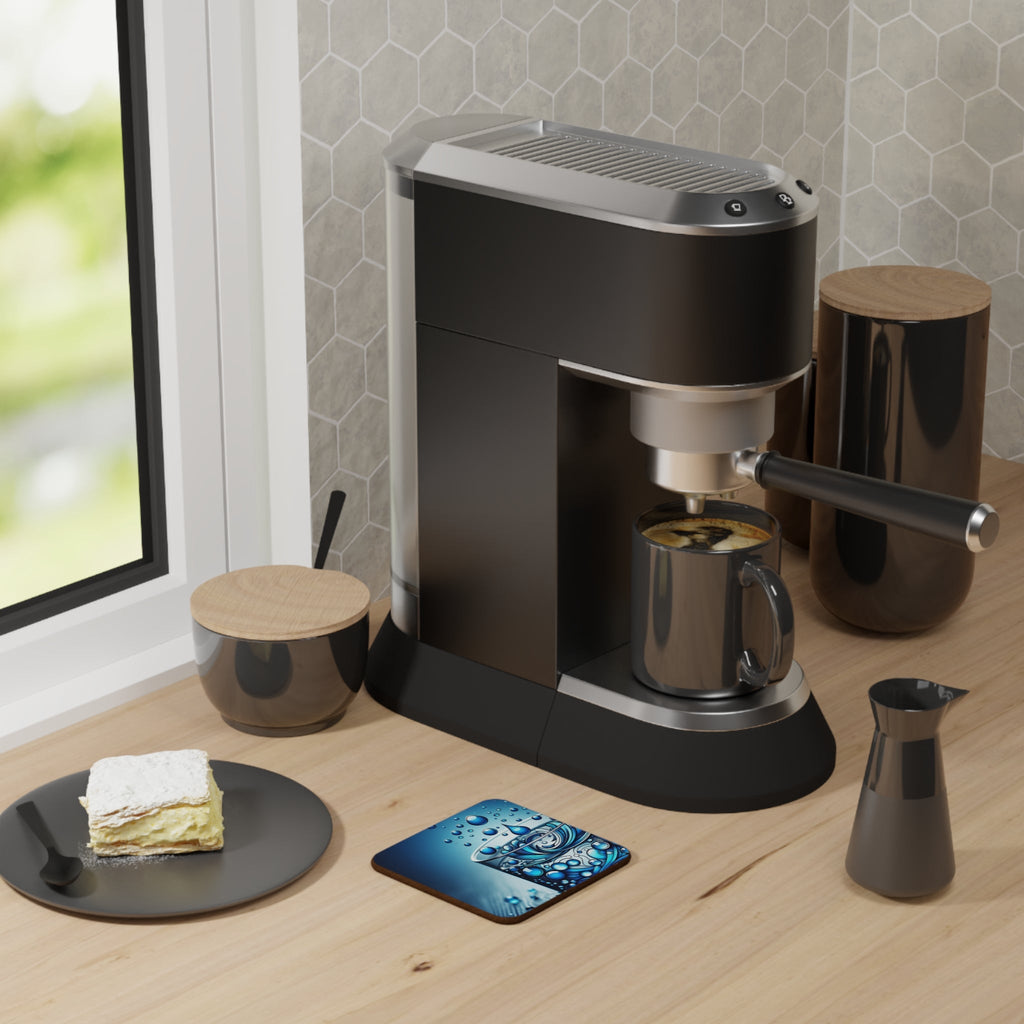 Hardboard Back Coaster on kitchen counter next to modern coffee maker, stylish and durable for home and office use.