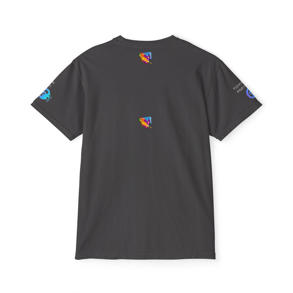 Unisex Garment-Dyed Pocket T-Shirt in dark color, featuring eco-friendly design with vibrant graphics on the back.