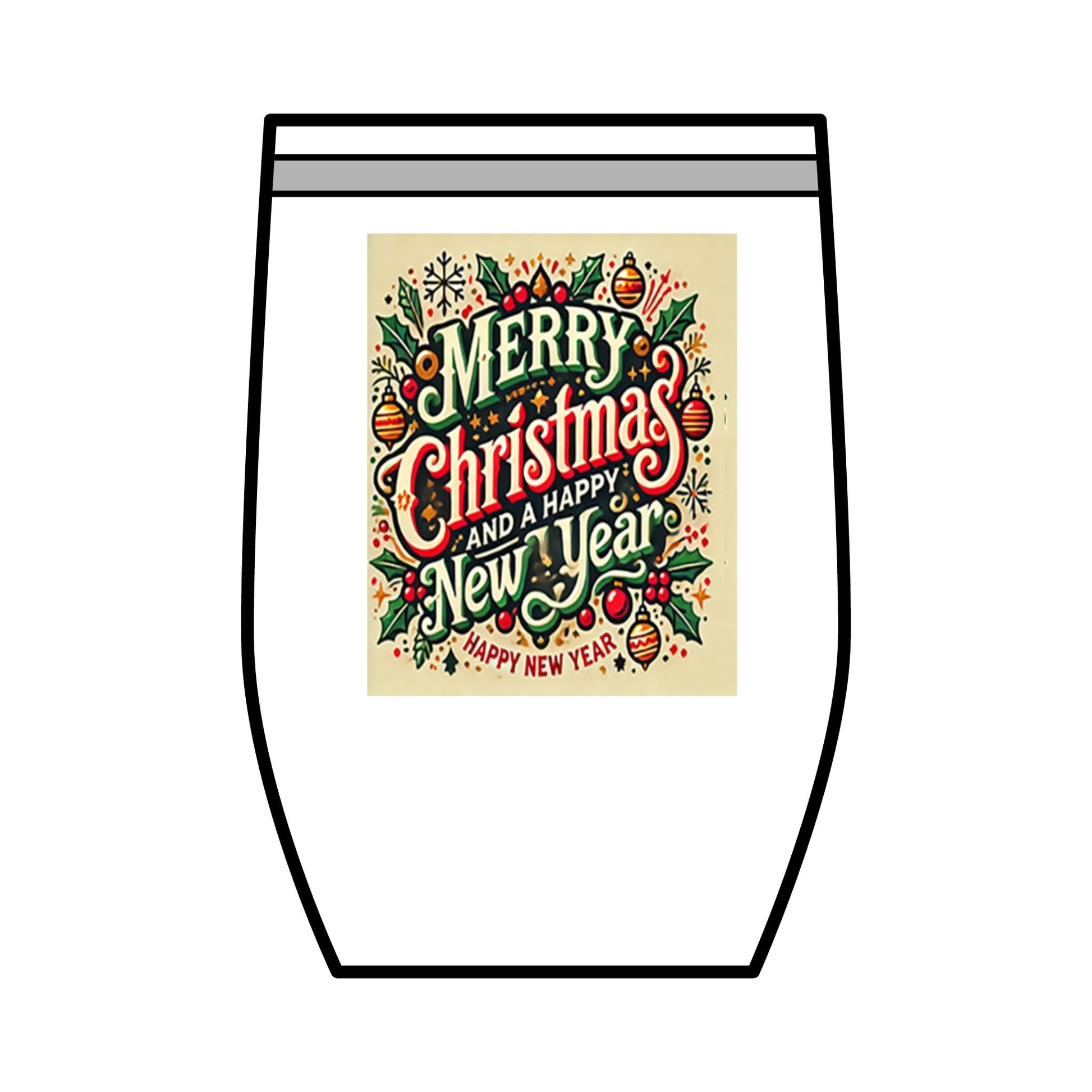 12oz stainless steel wine tumbler with Merry Christmas and Happy New Year festive design and double-wall insulation