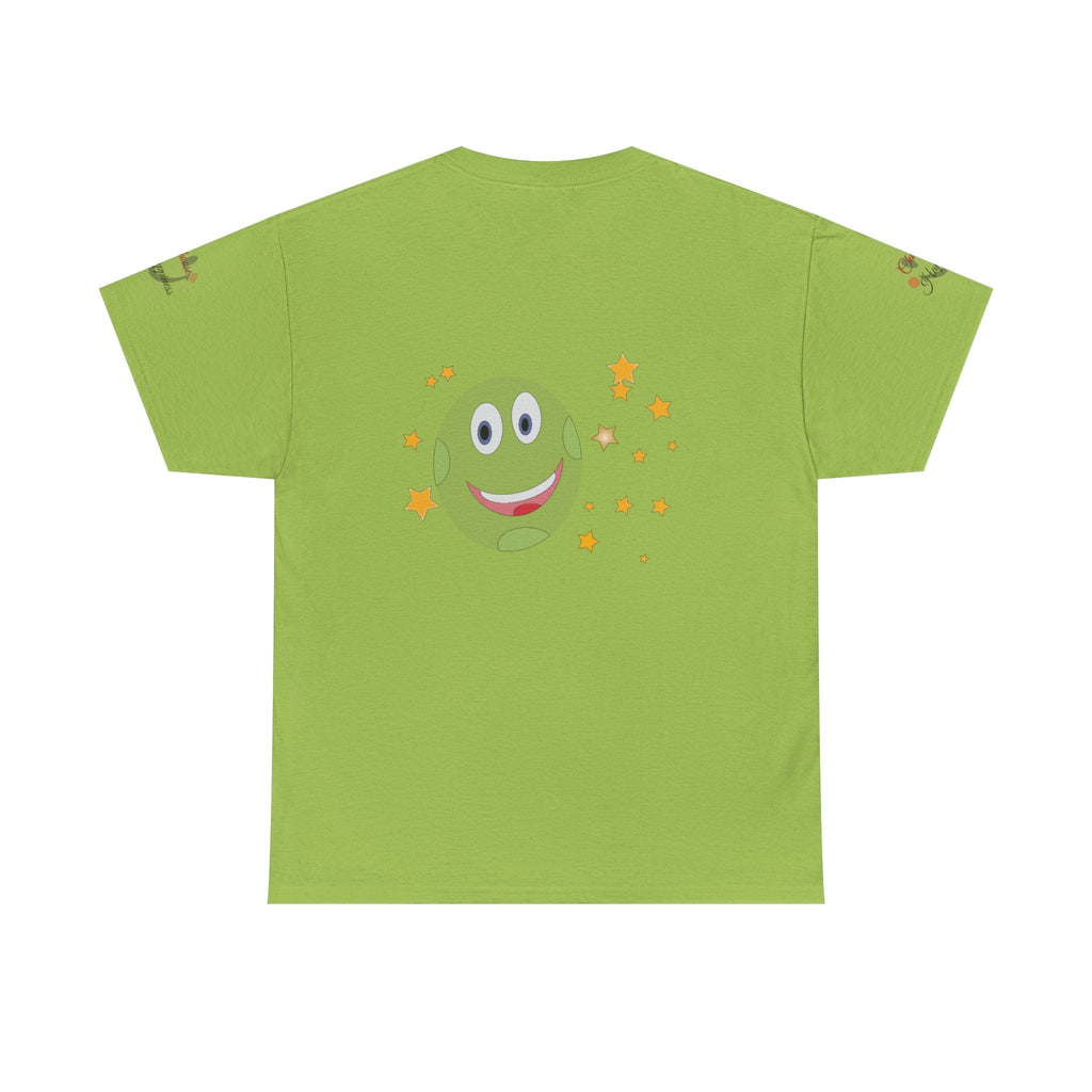 Unisex Heavy Cotton T-shirt in green with a cheerful design, emphasizing positivity and sustainability.