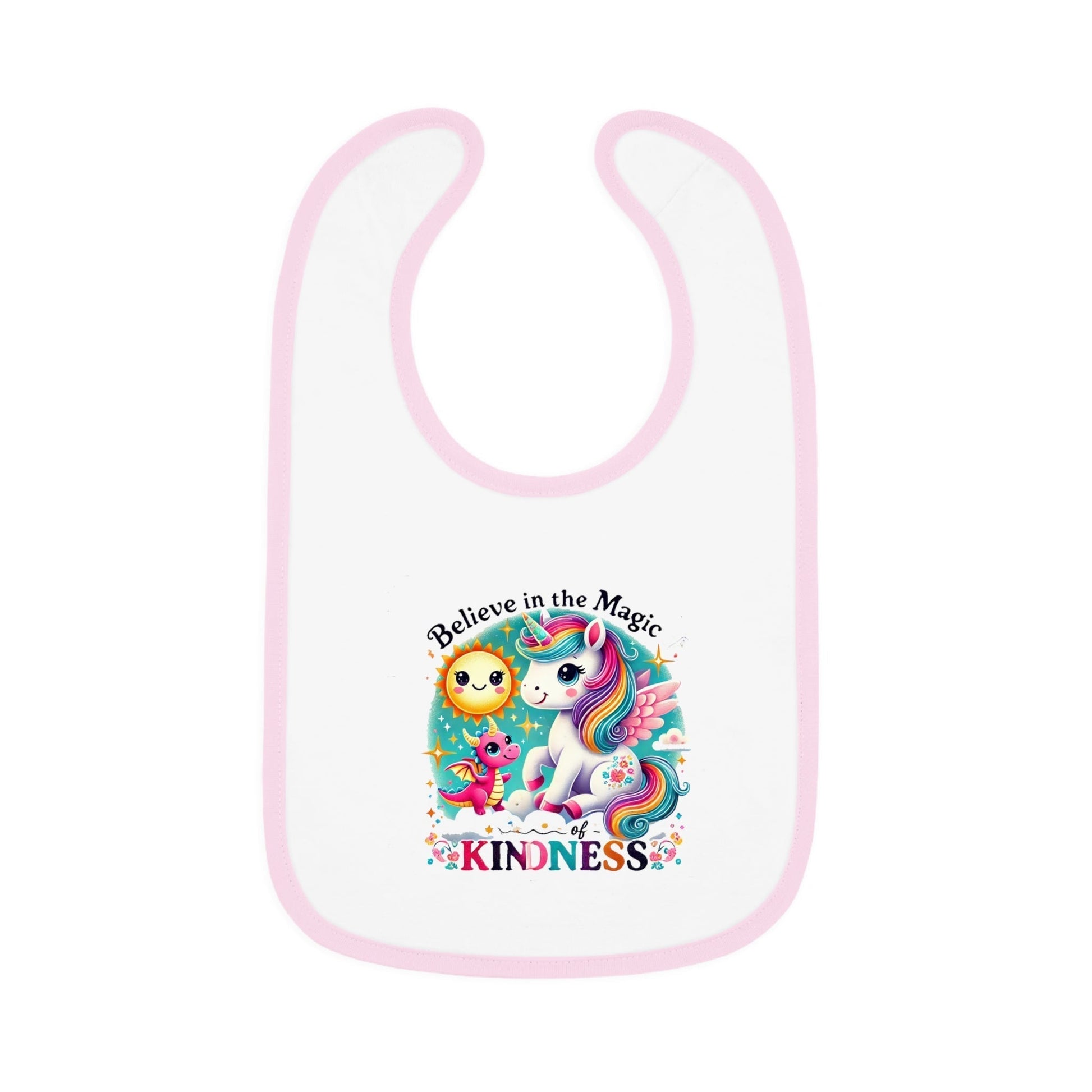 Baby Contrast Trim Jersey Bib with unicorn design and "Believe in the Magic of Kindness" text.
