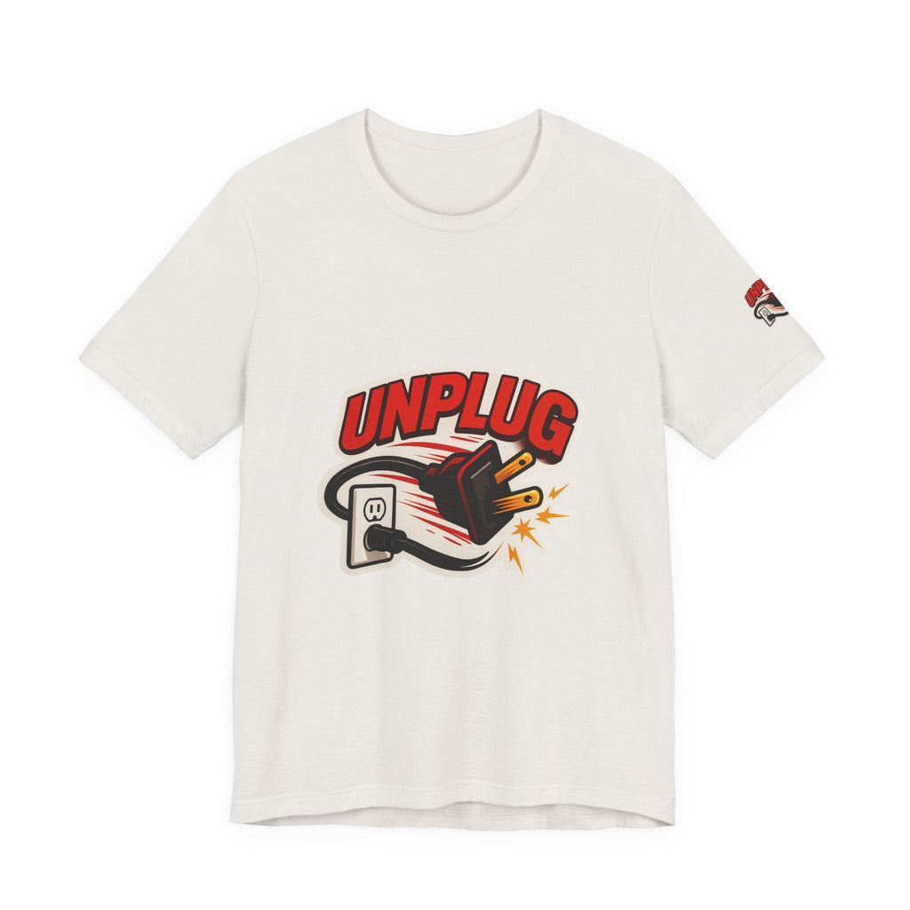 White Unisex Jersey Short Sleeve T-shirt with bold "UNPLUG" graphic and unplugged power plug design on front, casual and comfortable Unplugged Vibes Tee