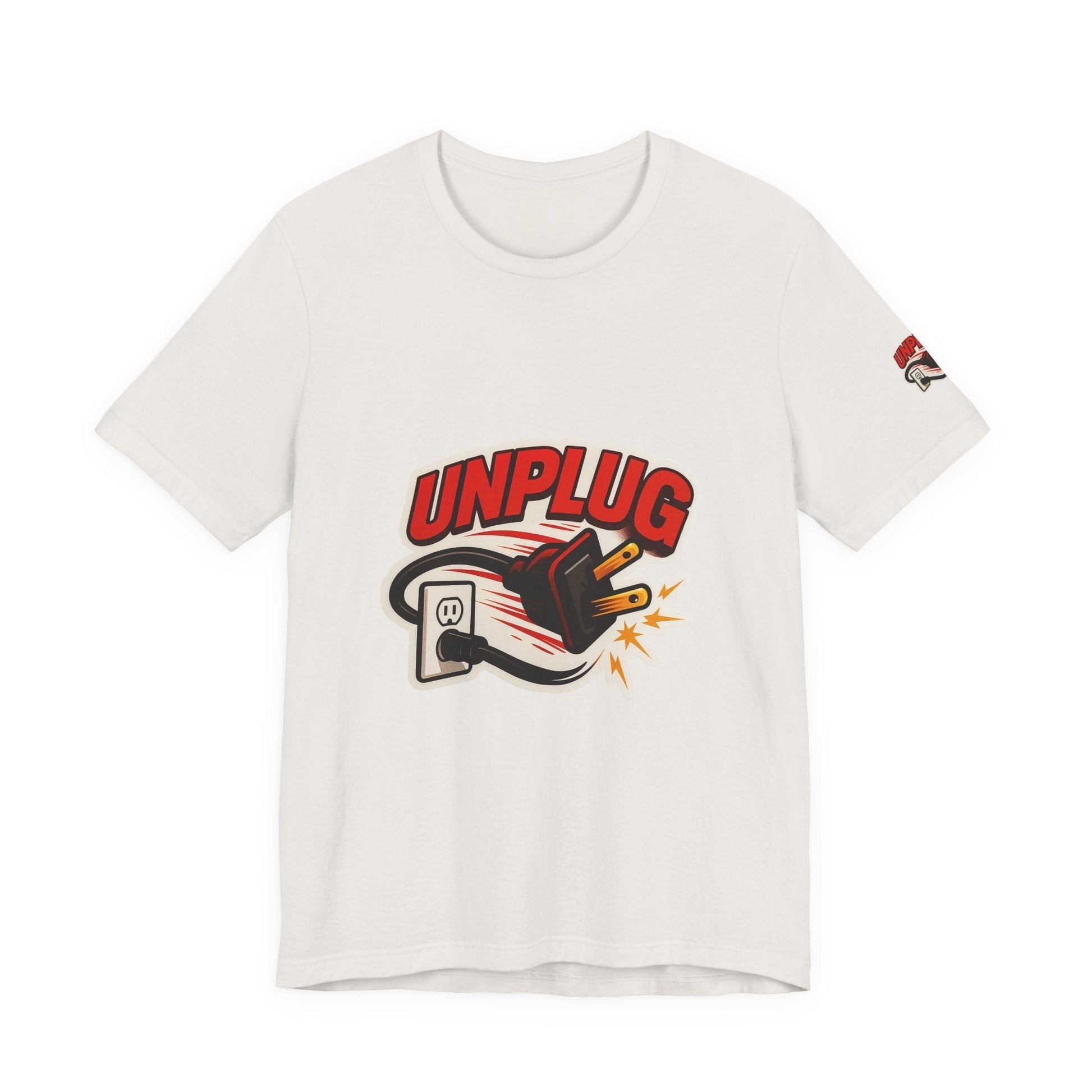 White Unisex Jersey Short Sleeve T-shirt with bold "UNPLUG" graphic and unplugged power plug design on front, casual and comfortable Unplugged Vibes Tee