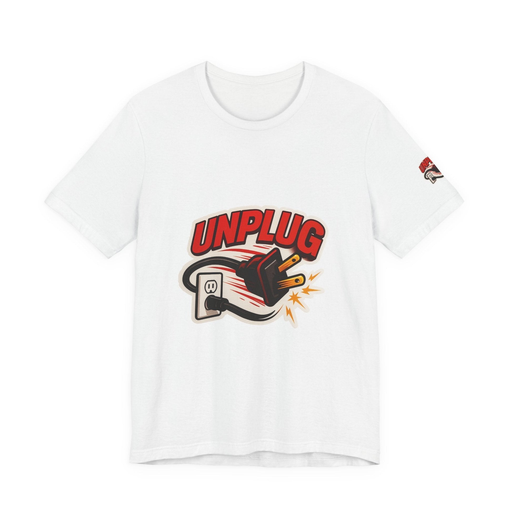 White Unisex Jersey Short Sleeve T-shirt with bold red "UNPLUG" graphic and unplugged power cord design, casual and comfortable energy saver shirt for tech lovers.
