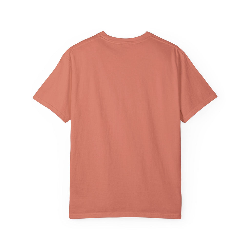 Unisex garment-dyed T-shirt in soft coral color, rear view, showcasing casual and relaxed style.