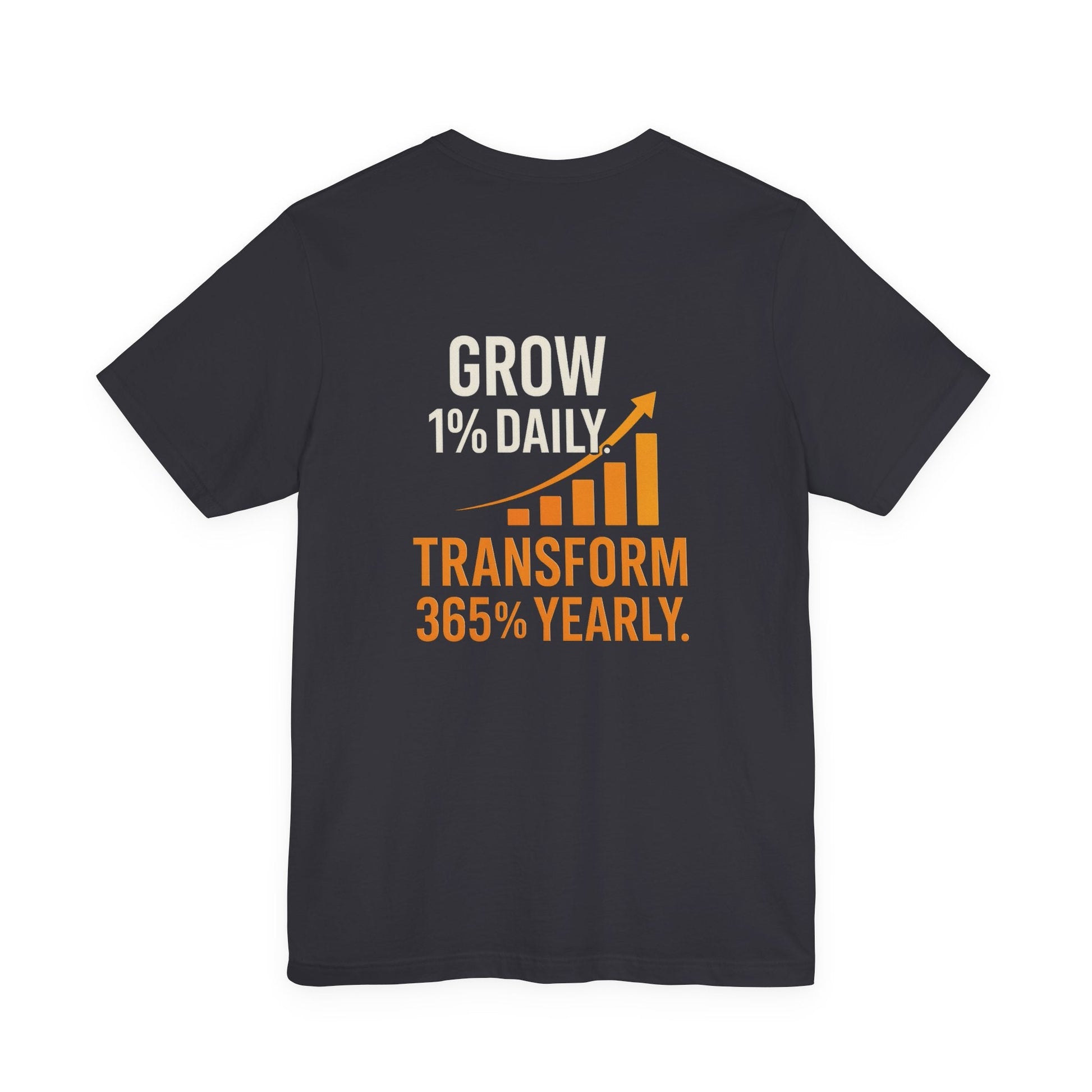 Black unisex Motivational Growth t-shirt with "Grow 1% Daily, Transform 365% Yearly" text and upward graph design.