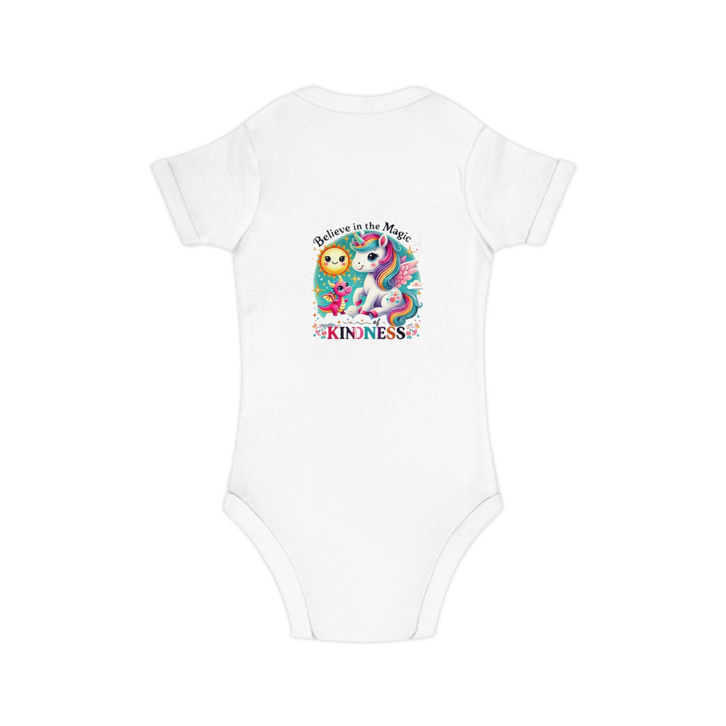 Combed cotton baby bodysuit with "Believe in the Magic of Kindness" design, featuring soft, breathable fabric.