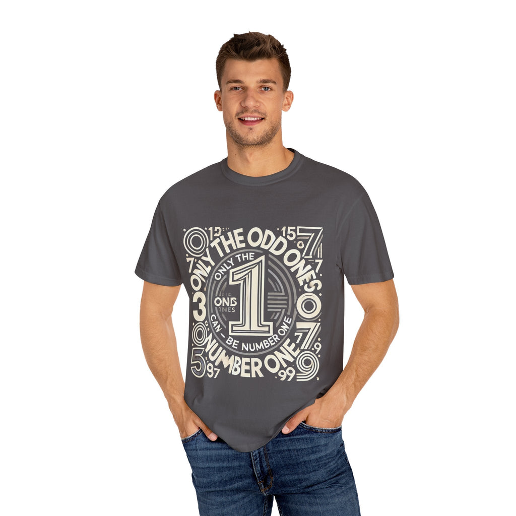 Unisex Garment-Dyed T-Shirt with unique text design, worn by a person.