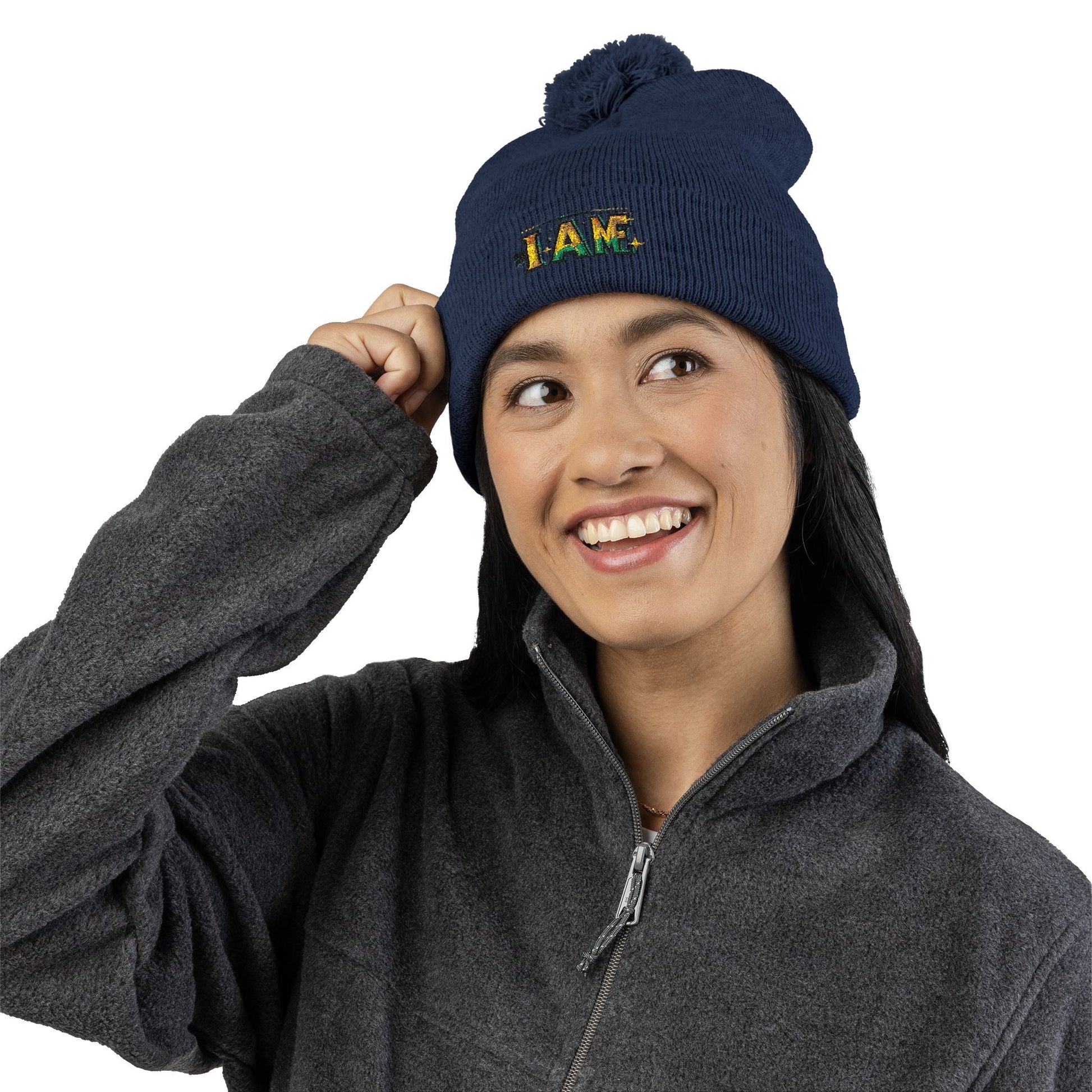 Pom-Pom Knit Cap - I AM- Cozy Knit Beanie for Winter Style