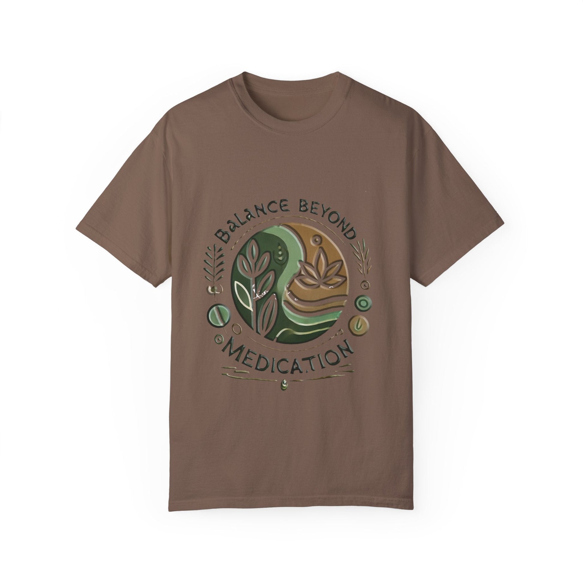 Unisex garment-dyed t-shirt with "Balance Beyond Medication" design, featuring earthy colors and nature motifs.
