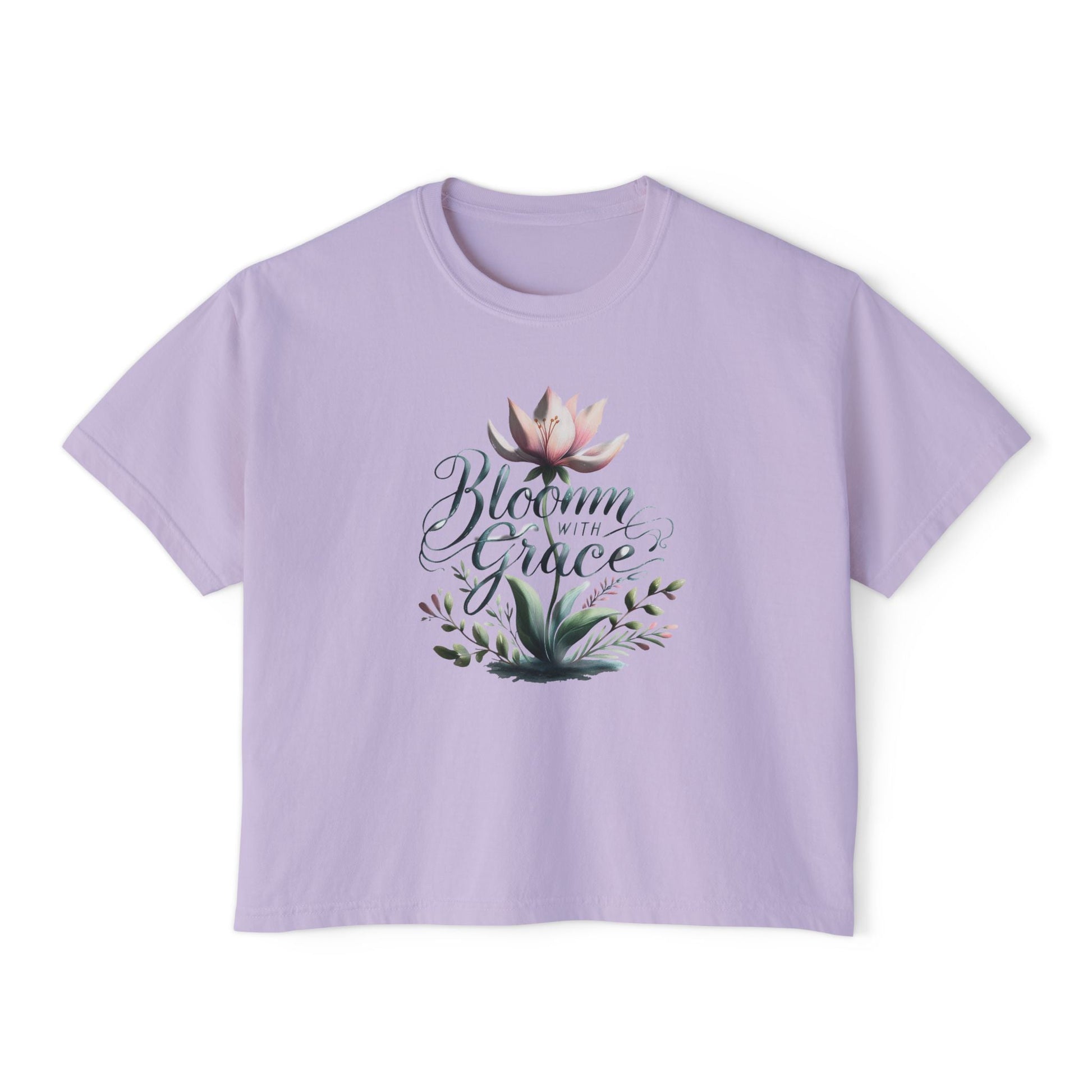 Womens Boxy T-shirt with floral "Bloom with Grace" design in soft vintage colors, perfect for casual summer wear.