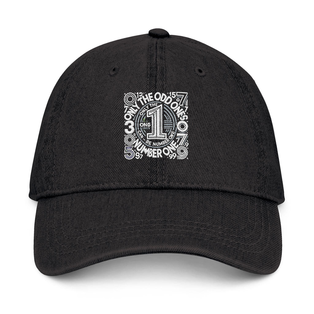 Unique Embroidered Denim Hat with text design, stylish black cap, relaxed fit.