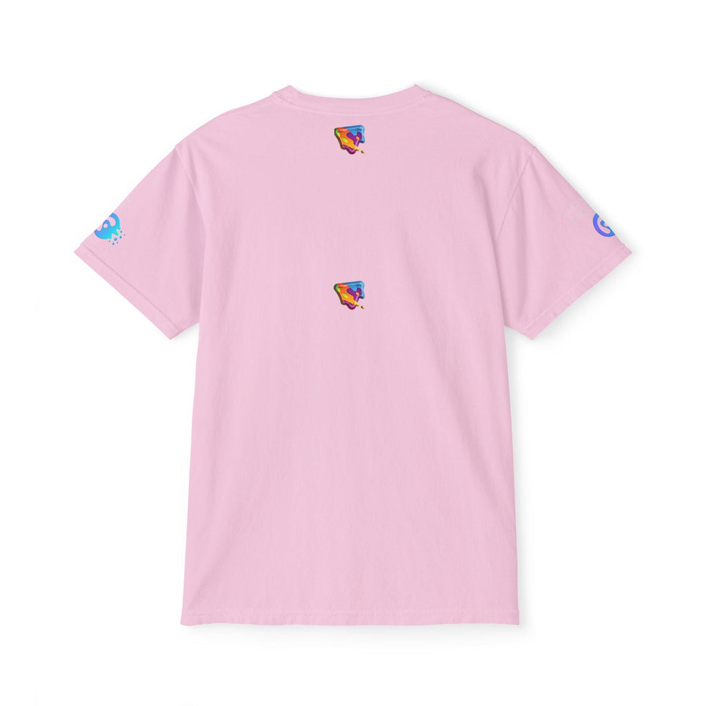 Unisex Garment-Dyed Pocket T-Shirt in pink, featuring vibrant designs and comfortable relaxed fit.