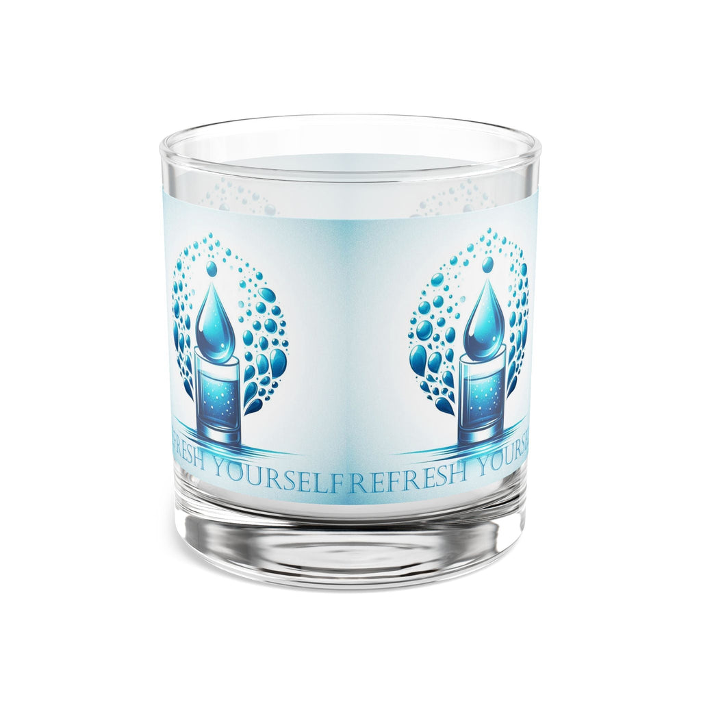 Refreshing 10oz rocks glass with elegant wraparound design and water droplet motif.