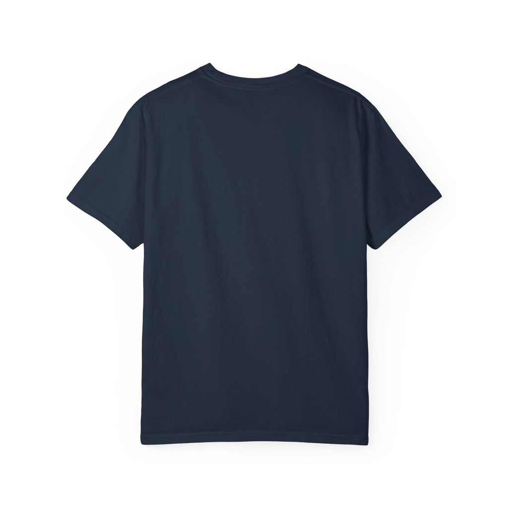 Unisex garment dyed T-shirt in navy blue with a relaxed fit perfect for casual wear.