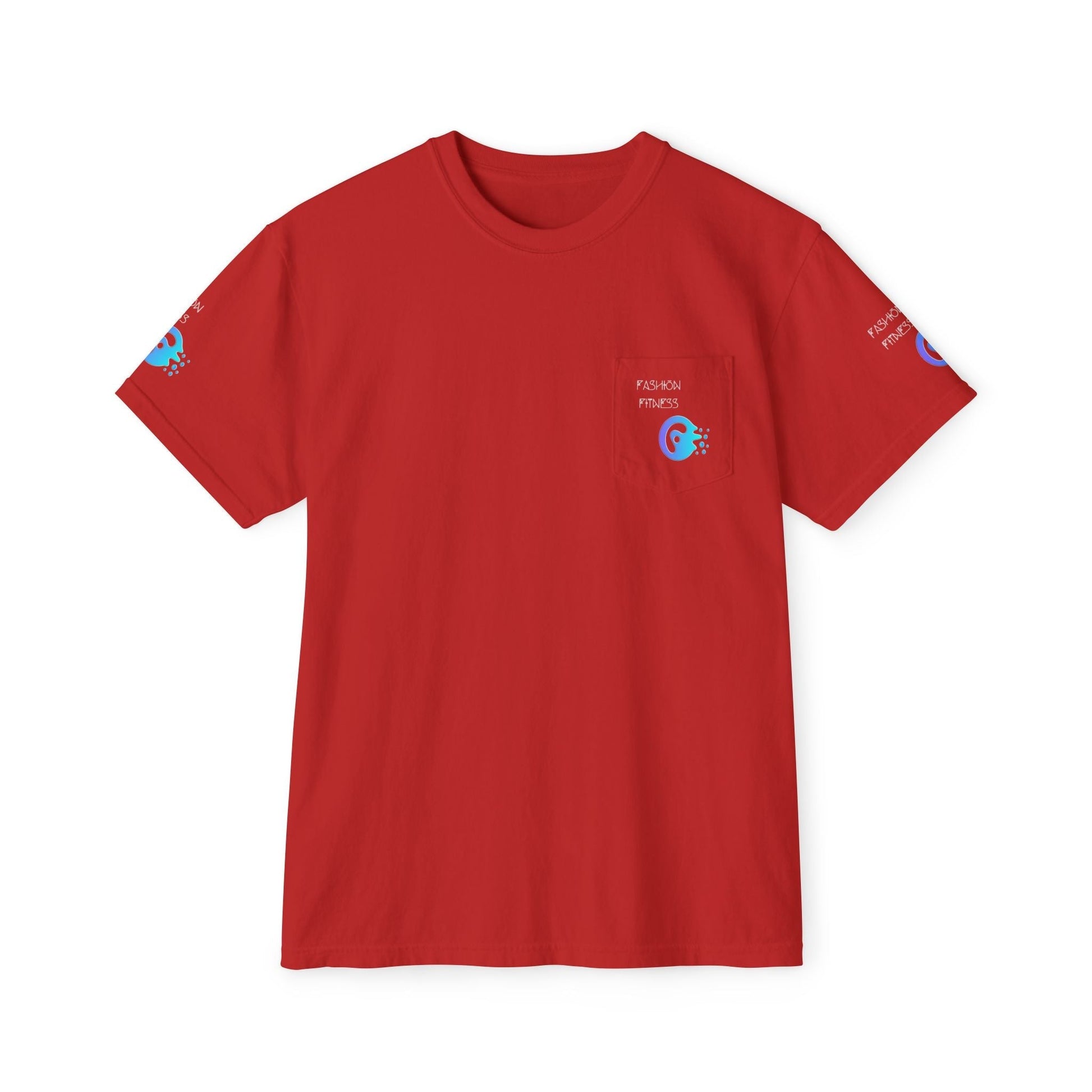 Unisex Garment-Dyed Pocket T-Shirt in red with chest pocket and vibrant eco-friendly design.