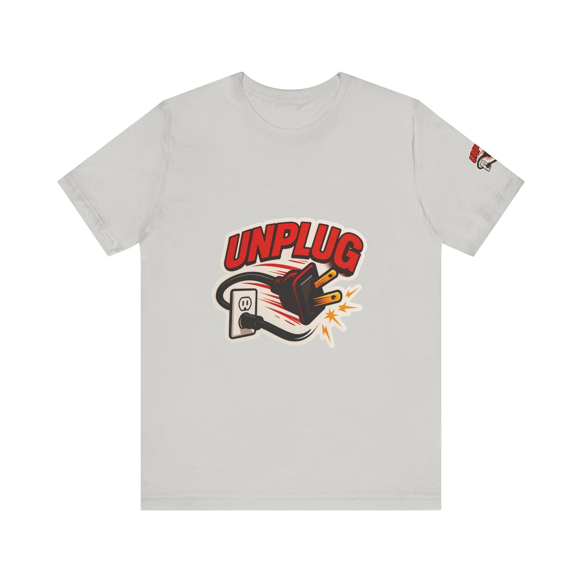 Unisex light gray t-shirt with "Unplug" graphic featuring a power plug being unplugged, casual breathable short sleeve tee for tech lovers.
