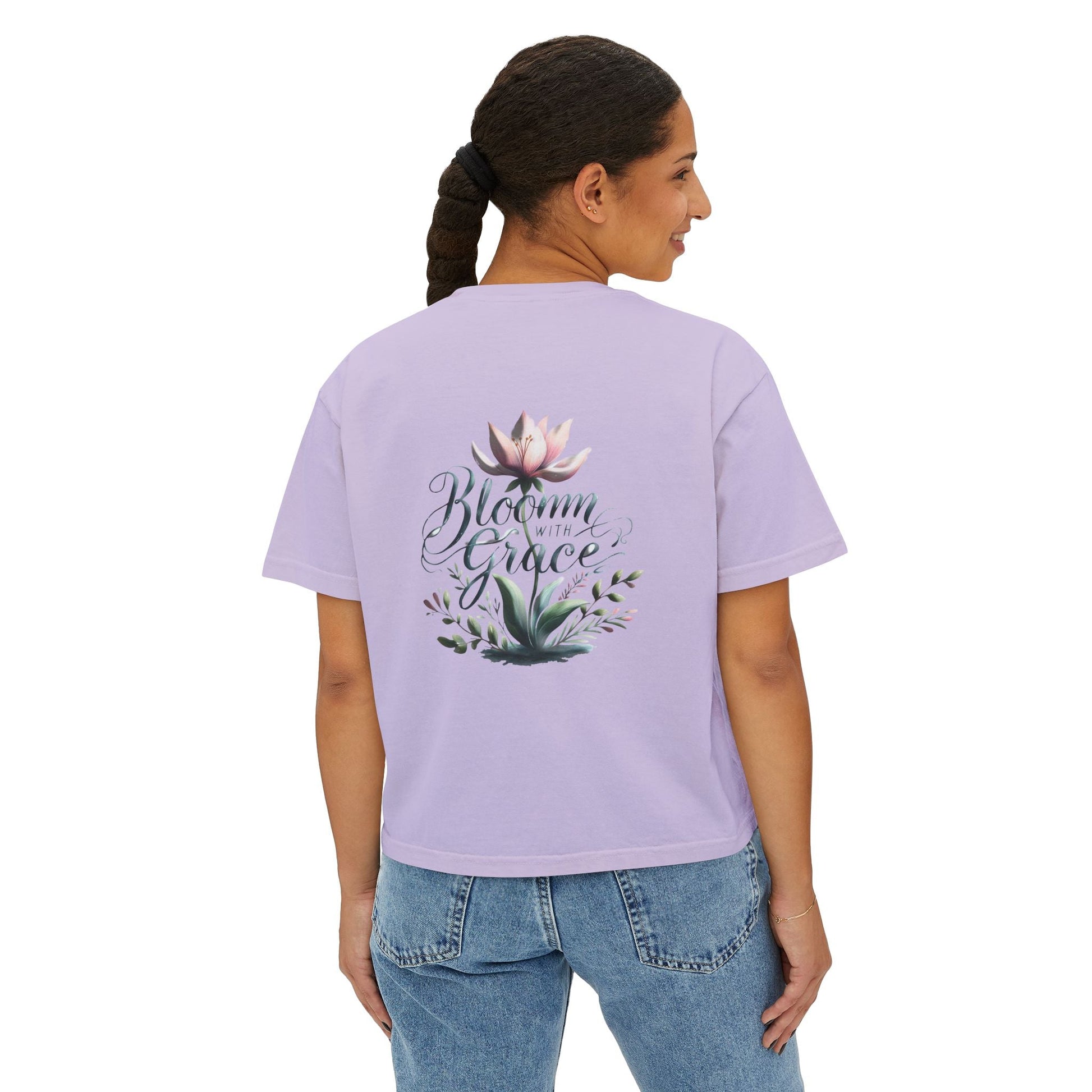 Womens Boxy T-shirt in lavender with "Bloom with Grace" floral design, casual summer top.