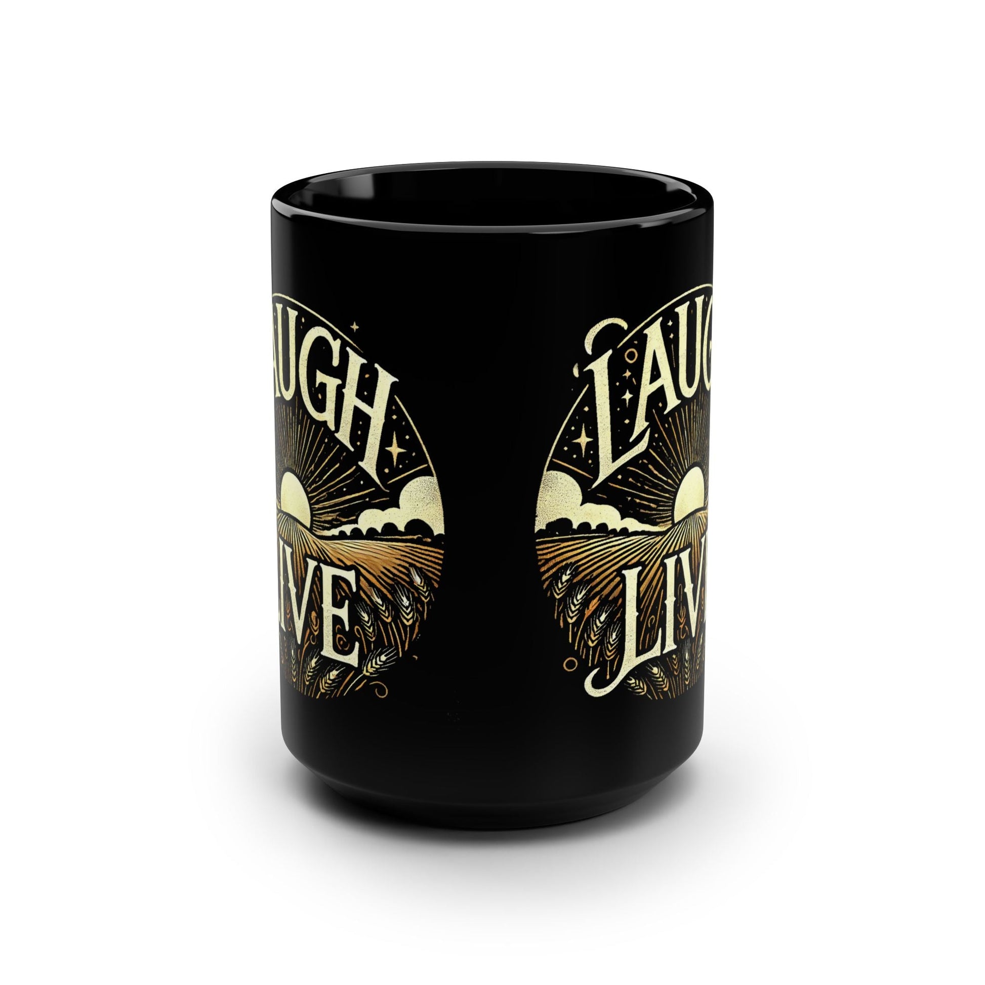 Black Mug, 15oz  - Laugh Live II 15oz Glossy Ceramic Cup for Coffee