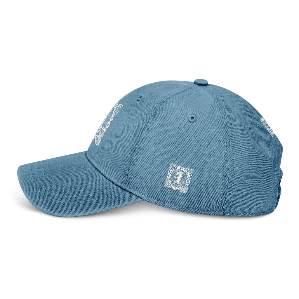 Unique Embroidered Denim Hat with vintage pigment-dyed color and adjustable strap.