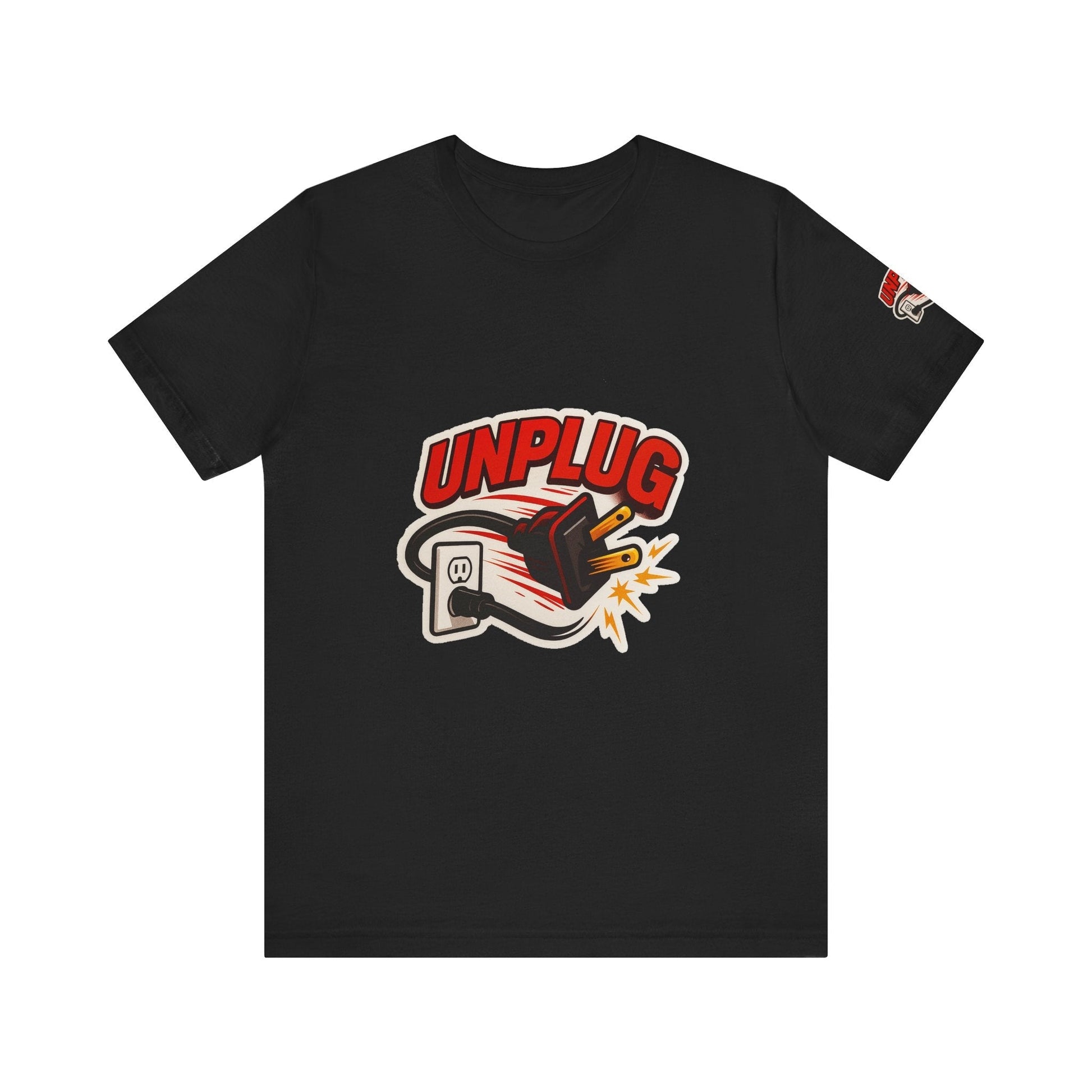 Black Unisex Jersey Short Sleeve T-Shirt with bold "Unplug" graphic and unplugged plug design, casual and comfortable Unplugged Vibes Tee.