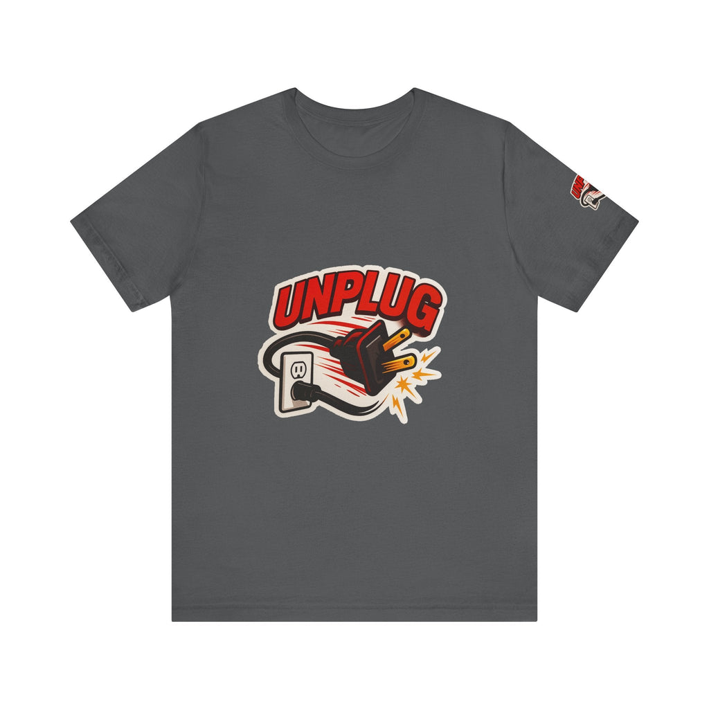 Unplugged Vibes T-shirt with graphic of unplugged power cord, casual comfortable unisex short sleeve shirt