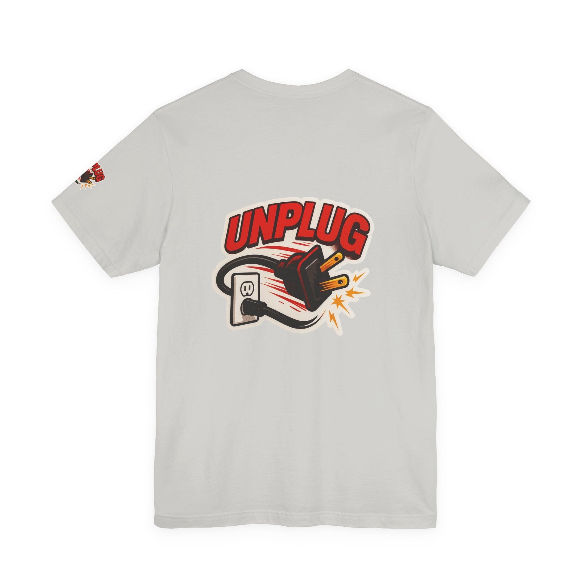 Unisex white short sleeveT-shirt with bold "UNPLUG" graphic and unplugged power plug illustration on back