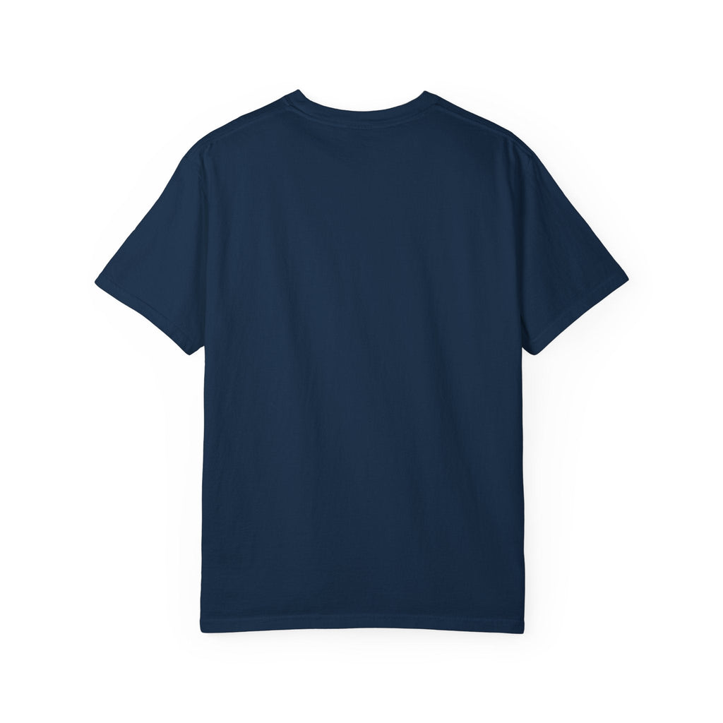 Navy blue unisex garment dyed T-shirt showcasing relaxed style and comfort.