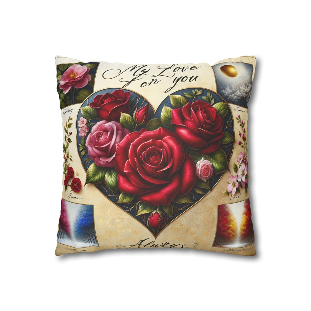 Faux suede square pillowcase with heart and rose design, Valentine-themed decor.