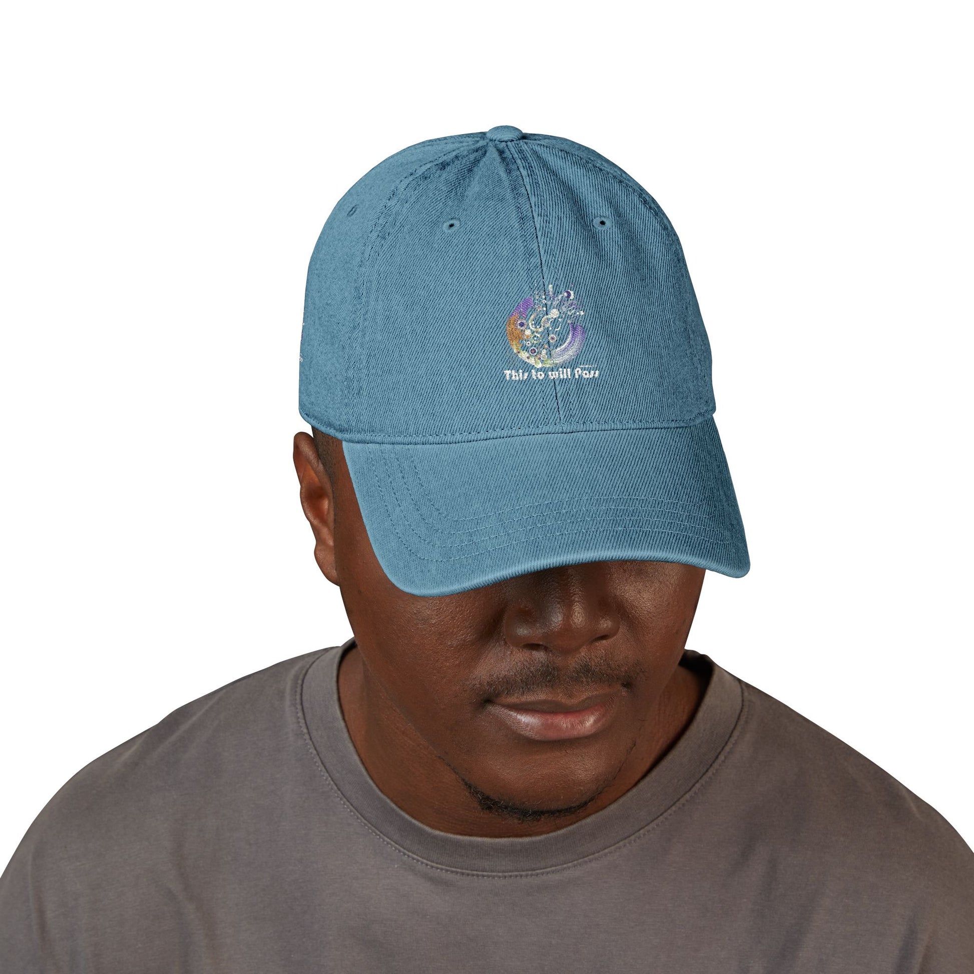 This Too Will Pass Denim Hat - Stylish Embroidered Cap Vintage Message.