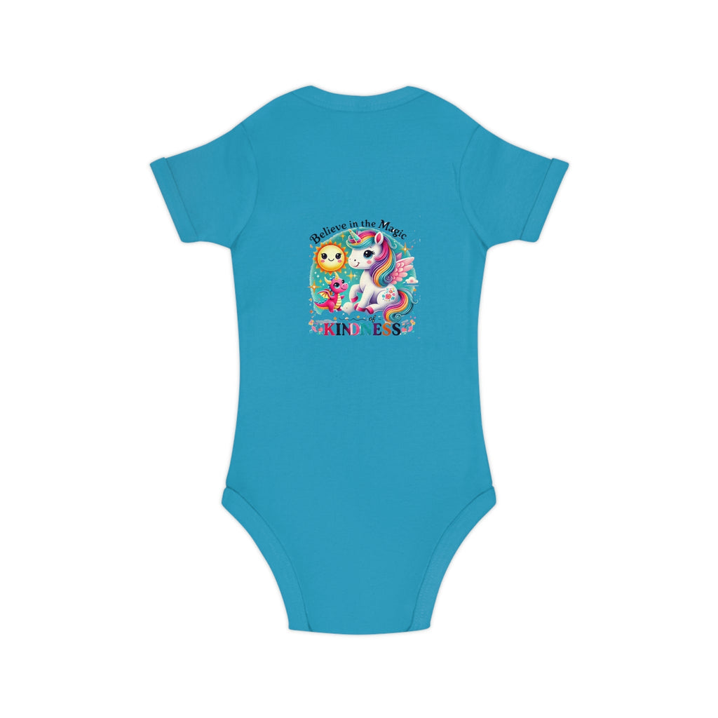 Blue combed cotton baby bodysuit with "Believe in the Magic of Kindness" print, featuring cute graphics, soft and durable material.